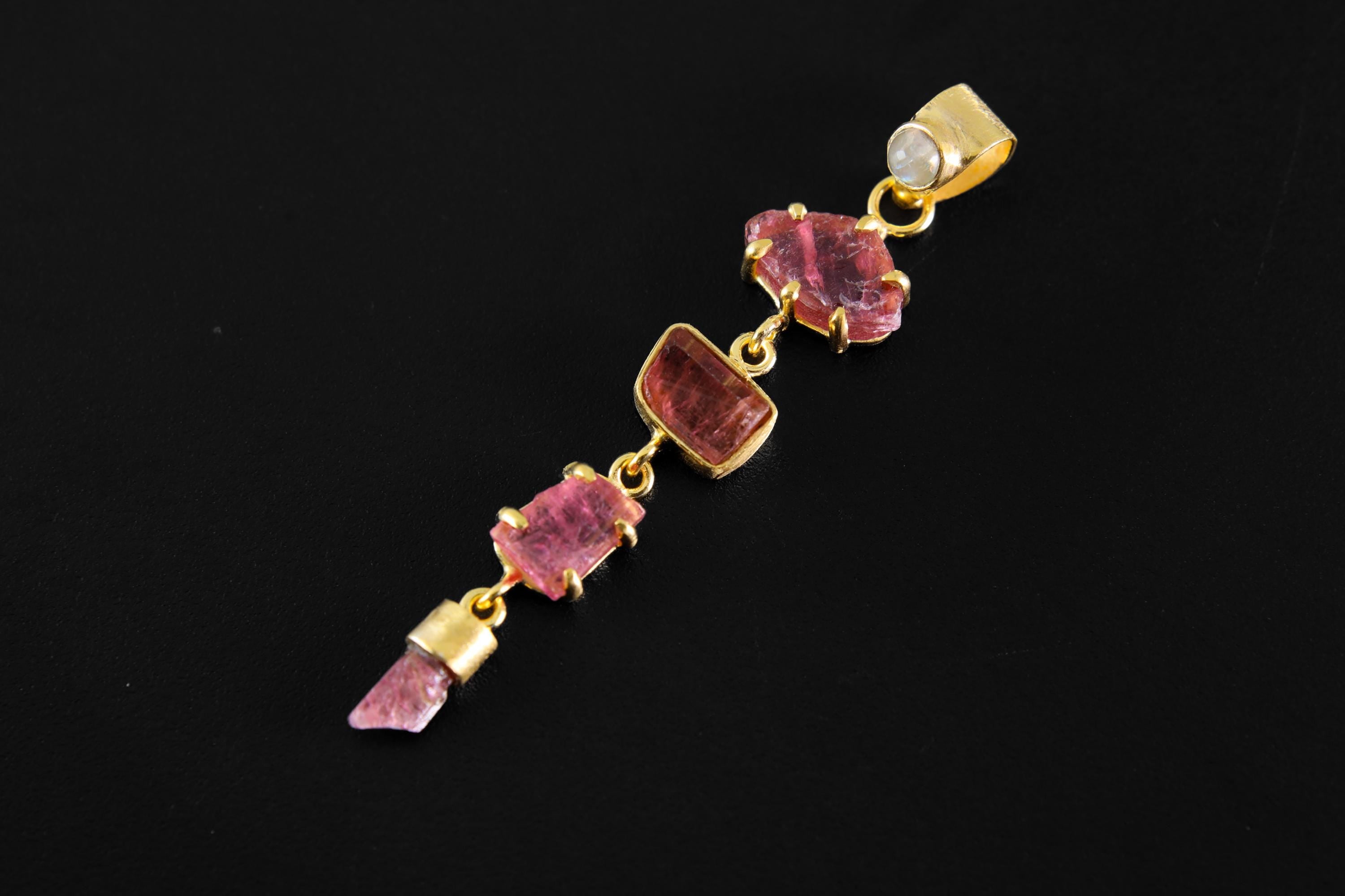 Crowned Blue Moonstone & All-Pink Tourmaline Wonder Pendant, 18K Gold-Plated Sterling Silver, Libra and Cancer Zodiac, Unique Gift
