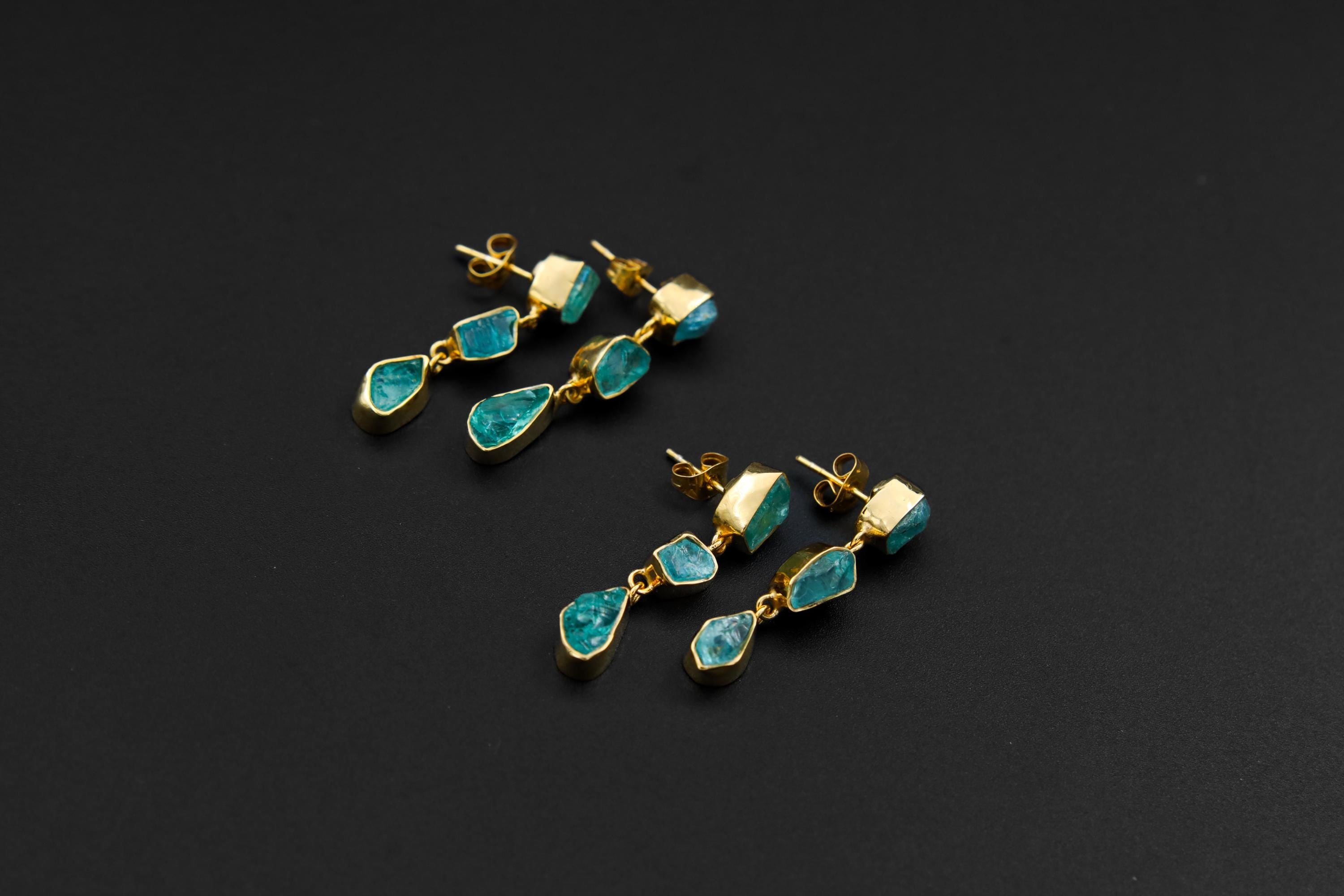 Unique Blue Apatite Raw Gem Studs, Sterling Silver Drop Earrings with Gold Plating, 3 Dangling Teardrop Crystals, Throat Chakra, Unique Gift