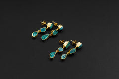 Unique Blue Apatite Raw Gem Studs, Sterling Silver Drop Earrings with Gold Plating, 3 Dangling Teardrop Crystals, Throat Chakra, Unique Gift