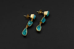 Unique Blue Apatite Raw Gem Studs, Sterling Silver Drop Earrings with Gold Plating, 3 Dangling Teardrop Crystals, Throat Chakra, Unique Gift