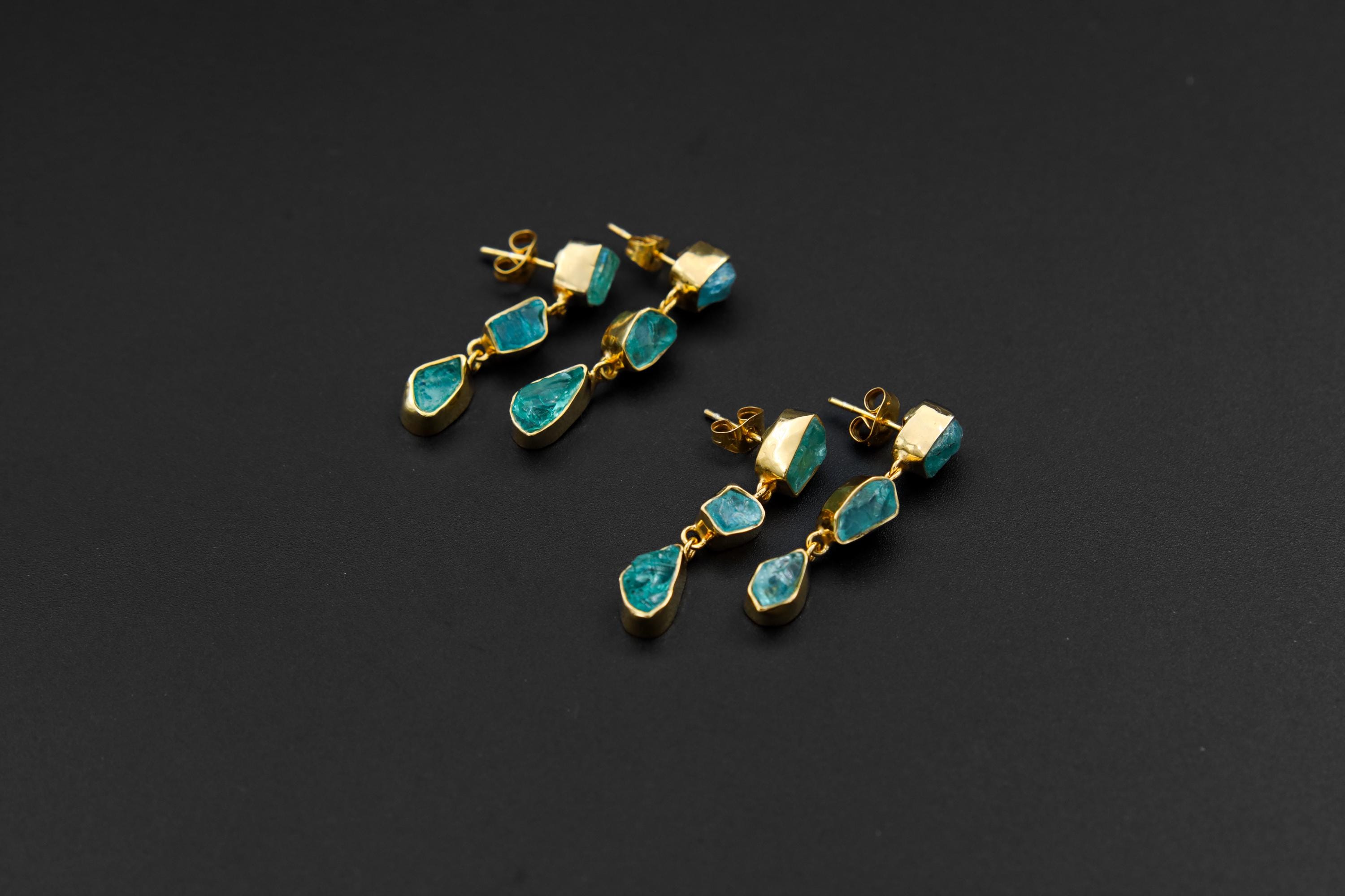 Unique Blue Apatite Raw Gem Studs, Sterling Silver Drop Earrings with Gold Plating, 3 Dangling Teardrop Crystals, Throat Chakra, Unique Gift