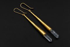 Sterling Silver Gold Plated Earrings with Lemurian Quartz Point Silver Spire Cones - High Shine Polish Sand Textured Finish - Unique Gift