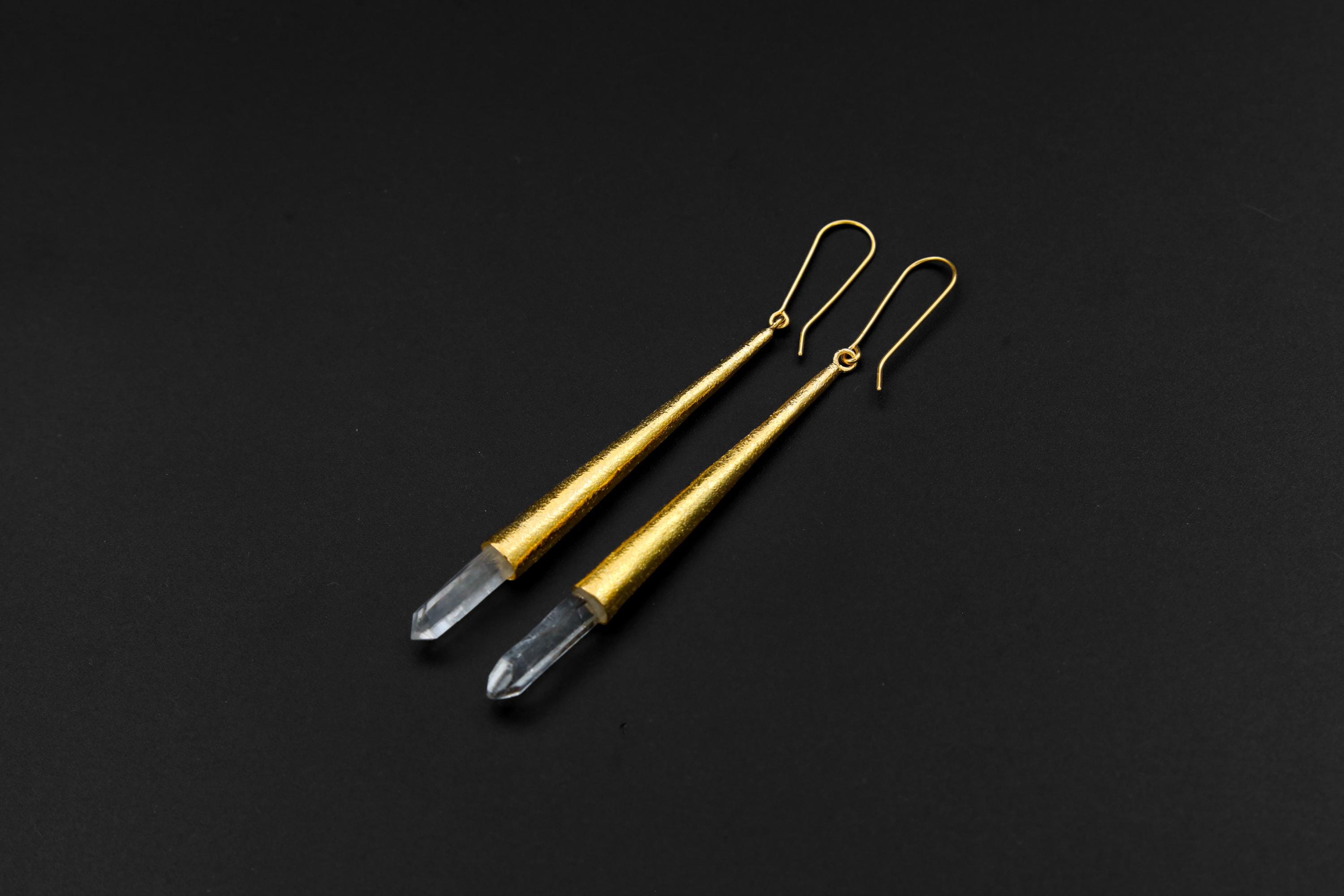 Sterling Silver Gold Plated Earrings with Lemurian Quartz Point Silver Spire Cones - High Shine Polish Sand Textured Finish - Unique Gift