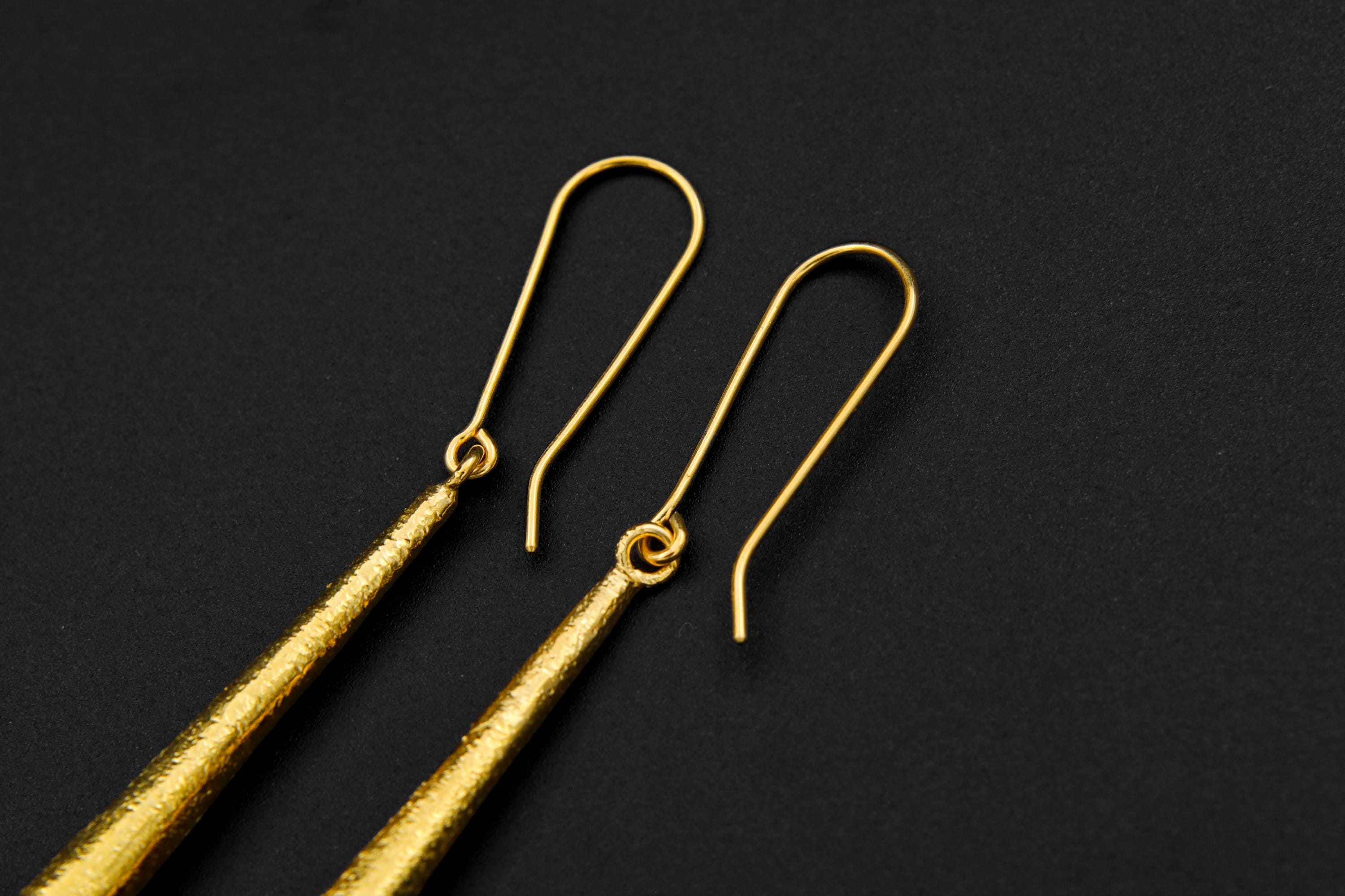 Sterling Silver Gold Plated Earrings with Lemurian Quartz Point Silver Spire Cones - High Shine Polish Sand Textured Finish - Unique Gift