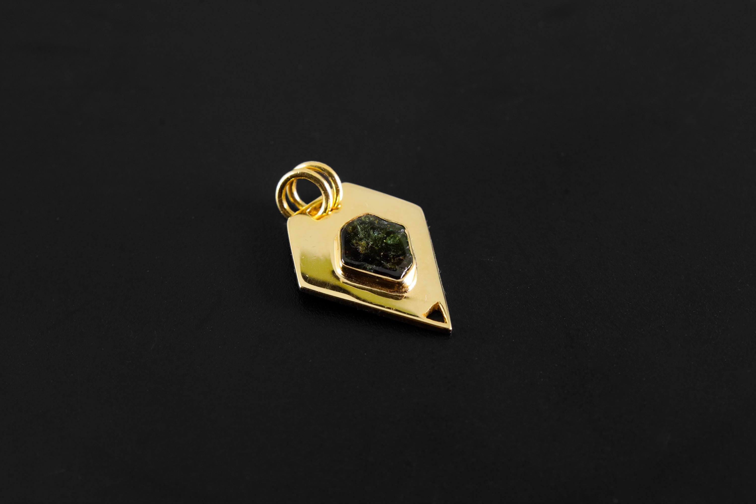 Green Tourmaline Slice Pendant: 18K Gold-Plated Sterling Silver Heart Chakra Jewelry