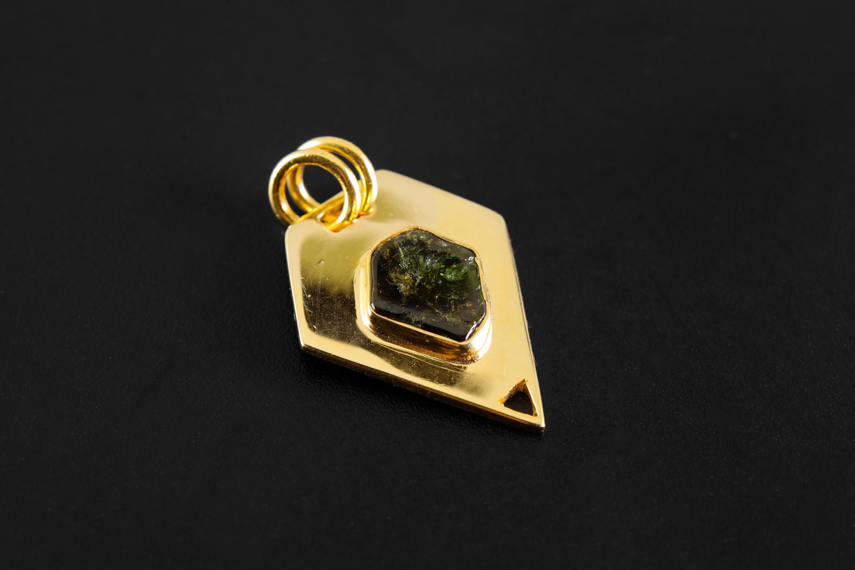 Green Tourmaline Slice Pendant: 18K Gold-Plated Sterling Silver Heart Chakra Jewelry