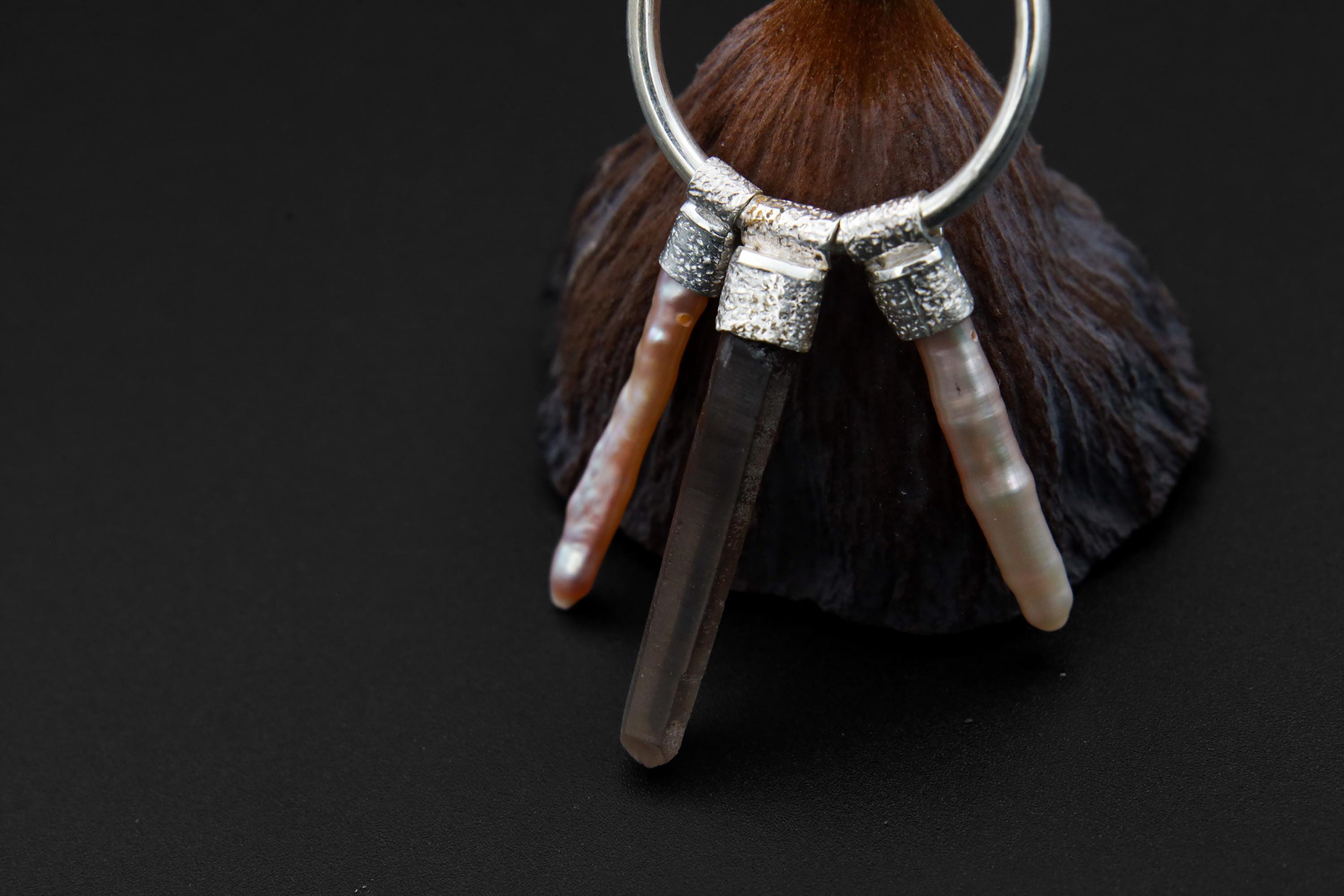 Sterling Silver Hoop Earrings: Smoky Quartz & Pearl Dangle, Root Chakra Jewelry