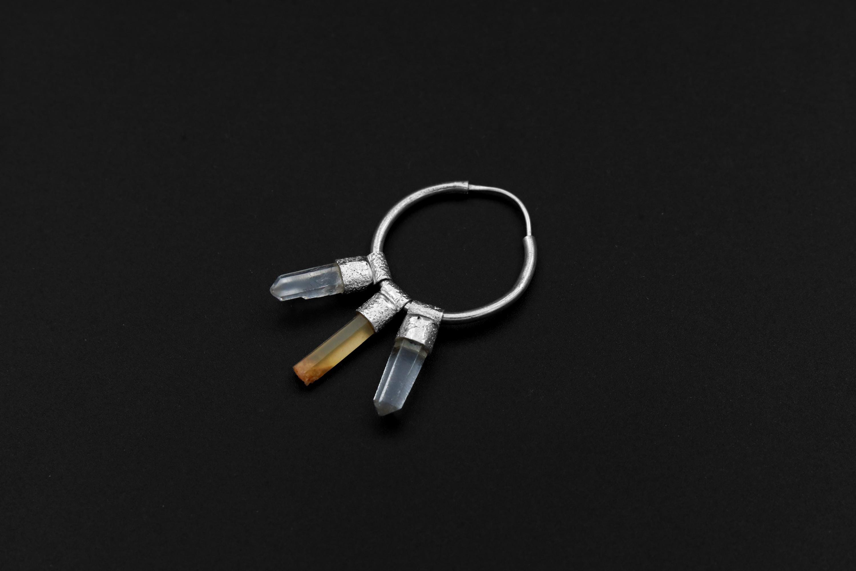 Convertible Quartz stack earring shown as a single hoop with Lithium Quartz and Clear Quartz gemstone charms.