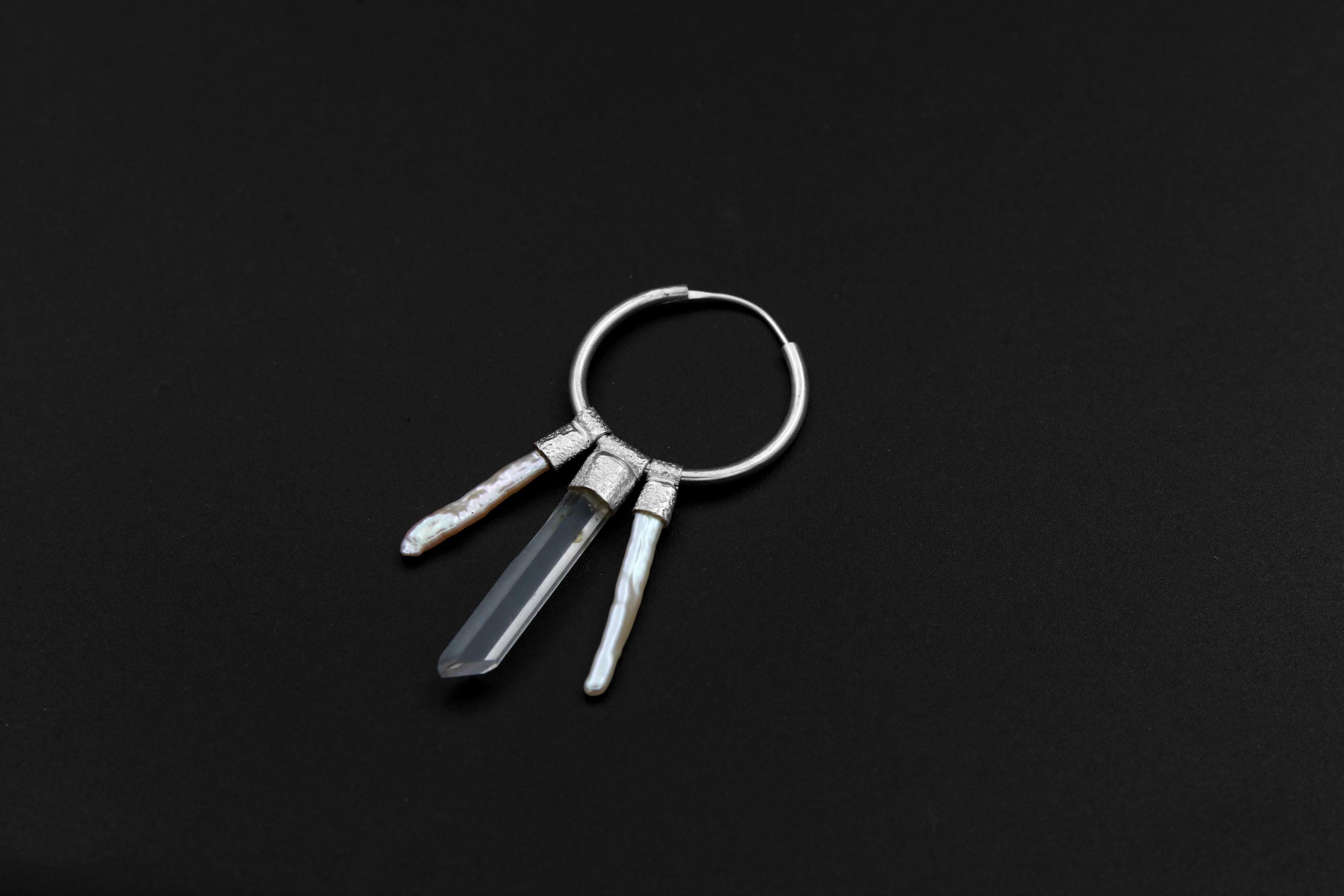 Sterling Silver Hoop Earrings: Clear Quartz & White Pearl Pendant