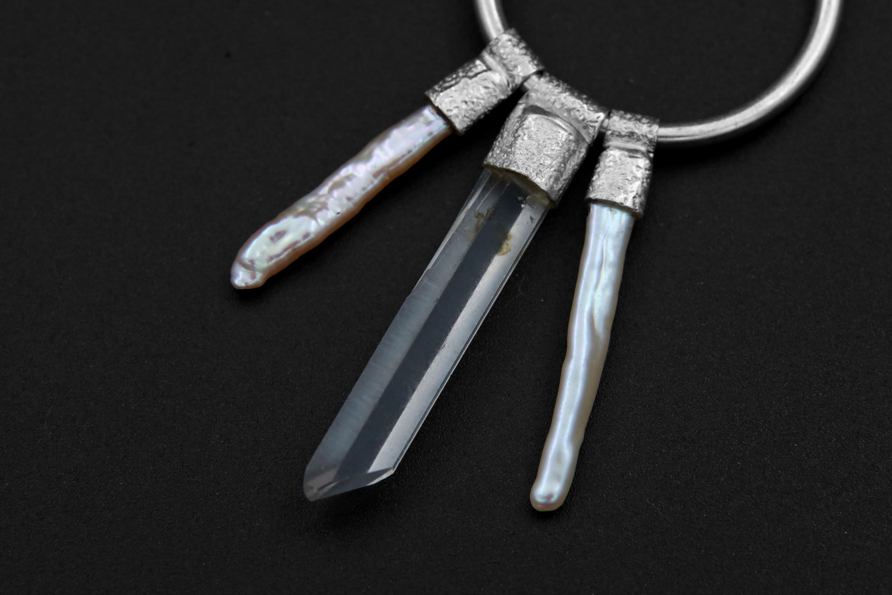 Sterling Silver Hoop Earrings: Clear Quartz & White Pearl Pendant