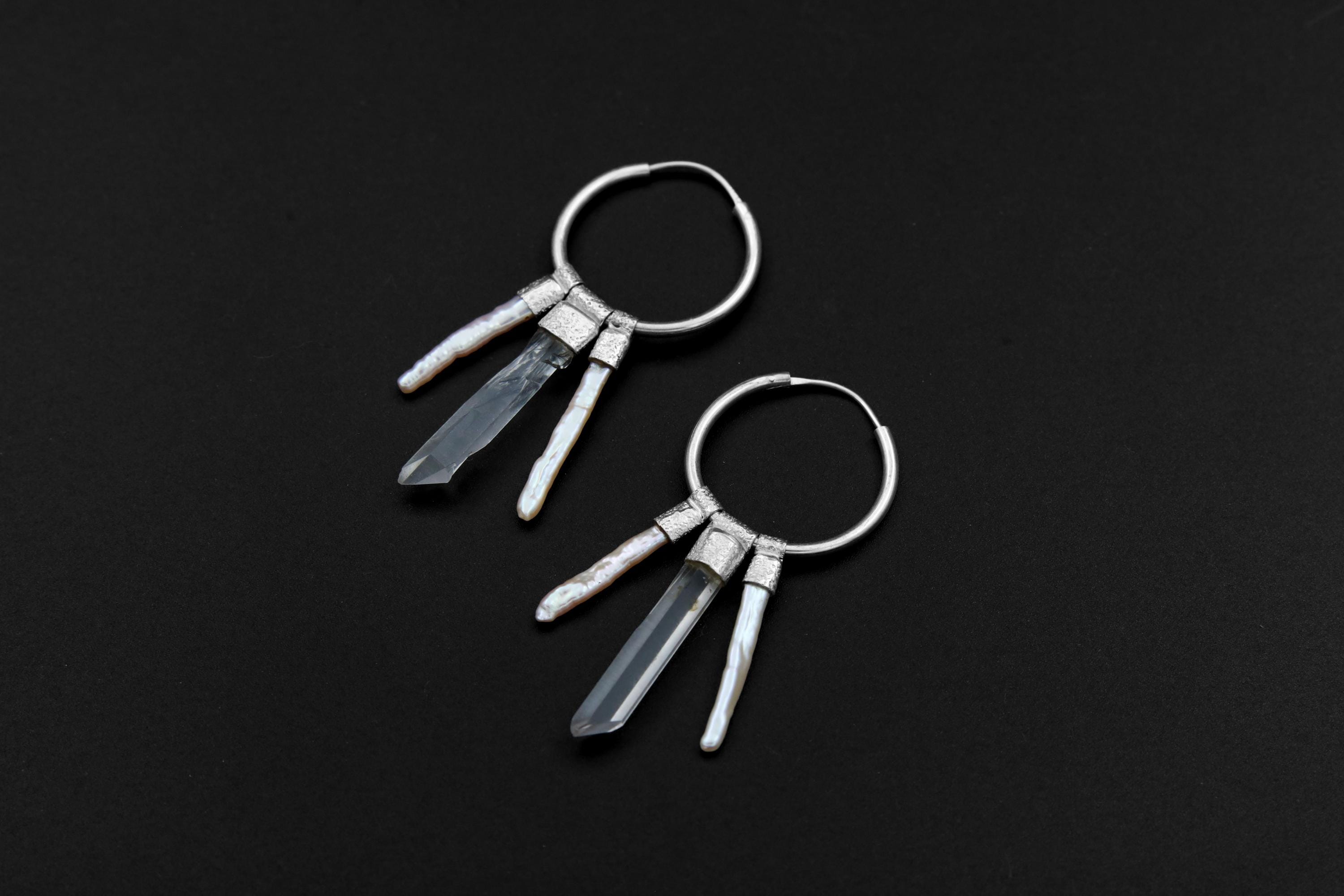 Sterling Silver Hoop Earrings: Clear Quartz & White Pearl Pendant