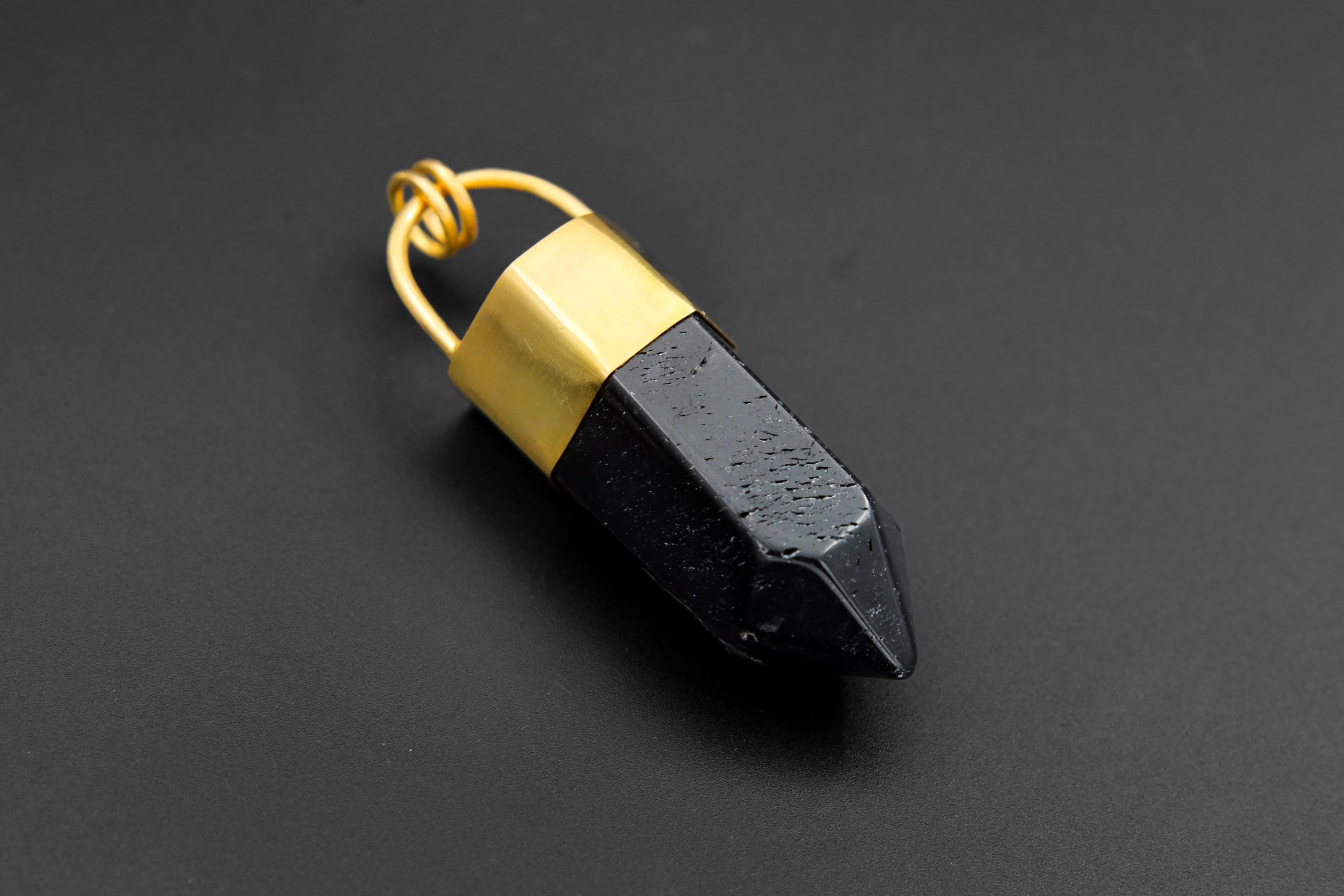 Large Smoky Quartz Point Pendant, High-Grade Dark Crystal with Thick Bronze Cap, 18K Gold-Plated, 7.5cm Statement Piece, Unique Gift NO/03