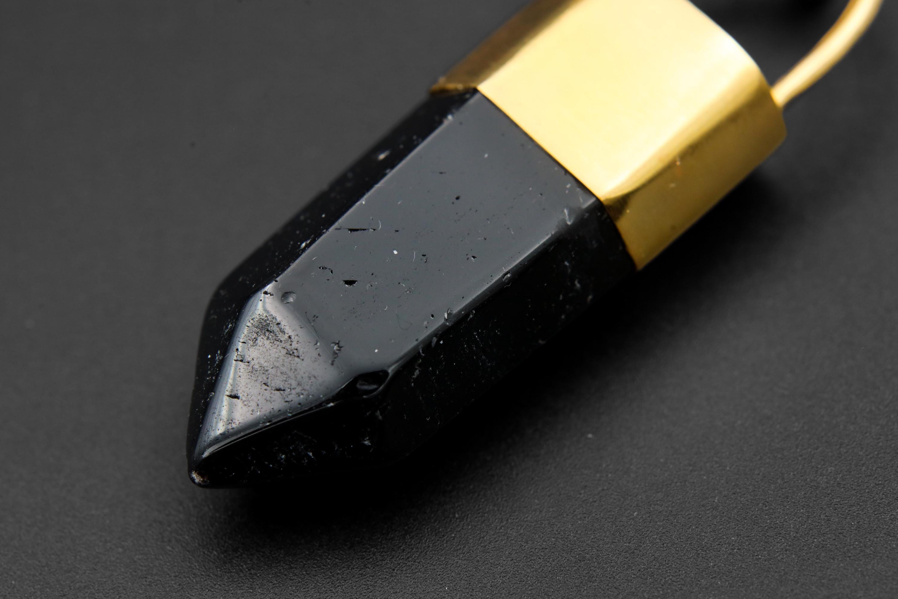 Large Smoky Quartz Point Pendant, High-Grade Dark Crystal with Thick Bronze Cap, 18K Gold-Plated, 7cm Statement Piece, Unique Gift NO/05