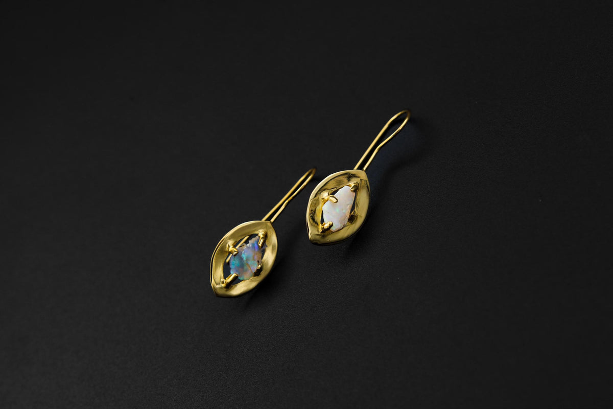 Solid Precious Australian White Lightning Ridge Opal Chip Halo Earrings, 8-Claw Gold Plated, Crown Chakra, Pisces Zodiac, Unique Gift