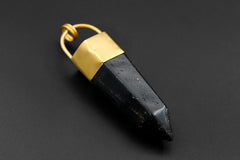 Large Smoky Quartz Point Pendant, High-Grade Dark Crystal with Thick Bronze Cap, 18K Gold-Plated, 8.5 cm Statement Piece, Unique Gift NO/09