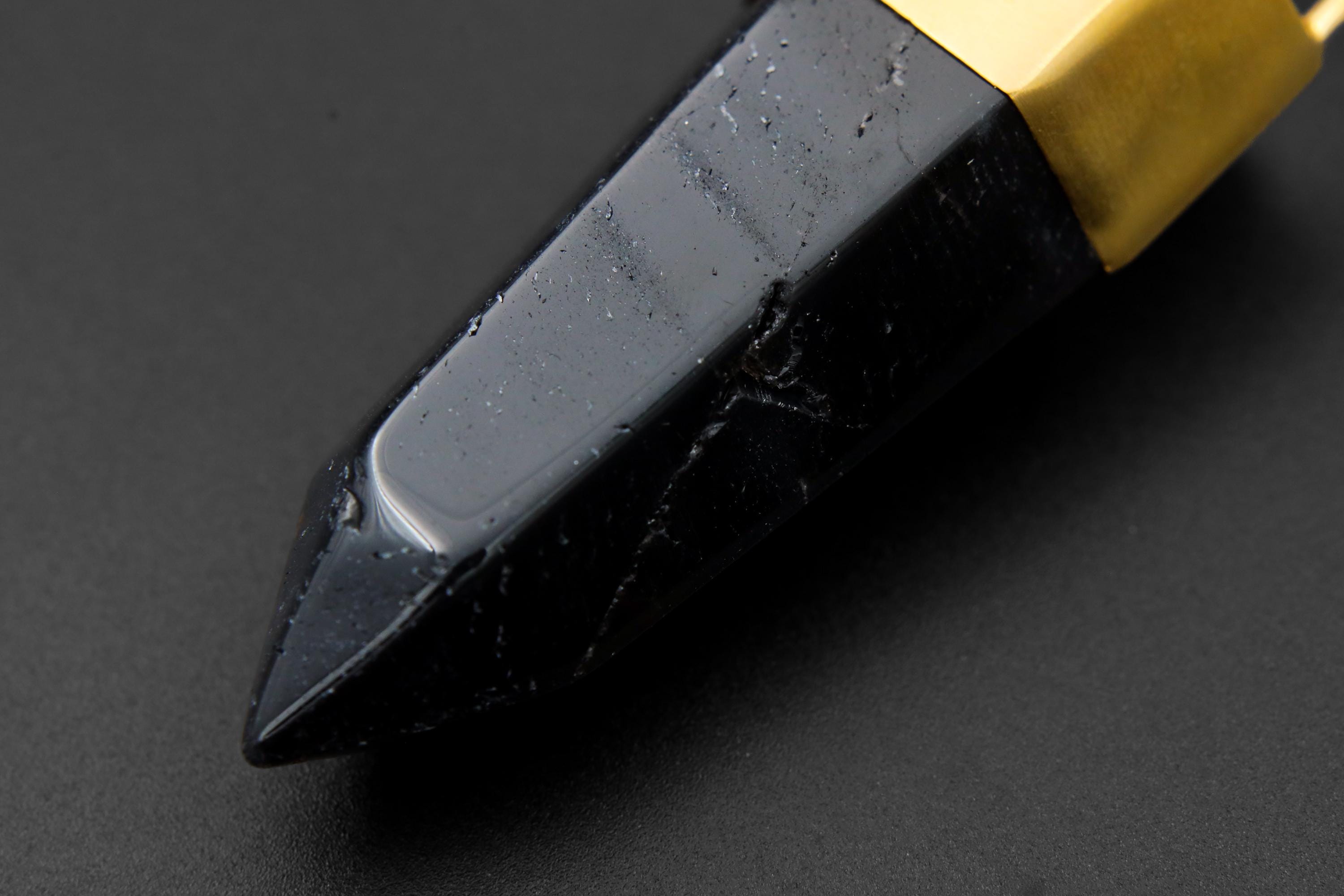 Large Smoky Quartz Point Pendant, High-Grade Dark Crystal with Thick Bronze Cap, 18K Gold-Plated, 8.5 cm Statement Piece, Unique Gift NO/09