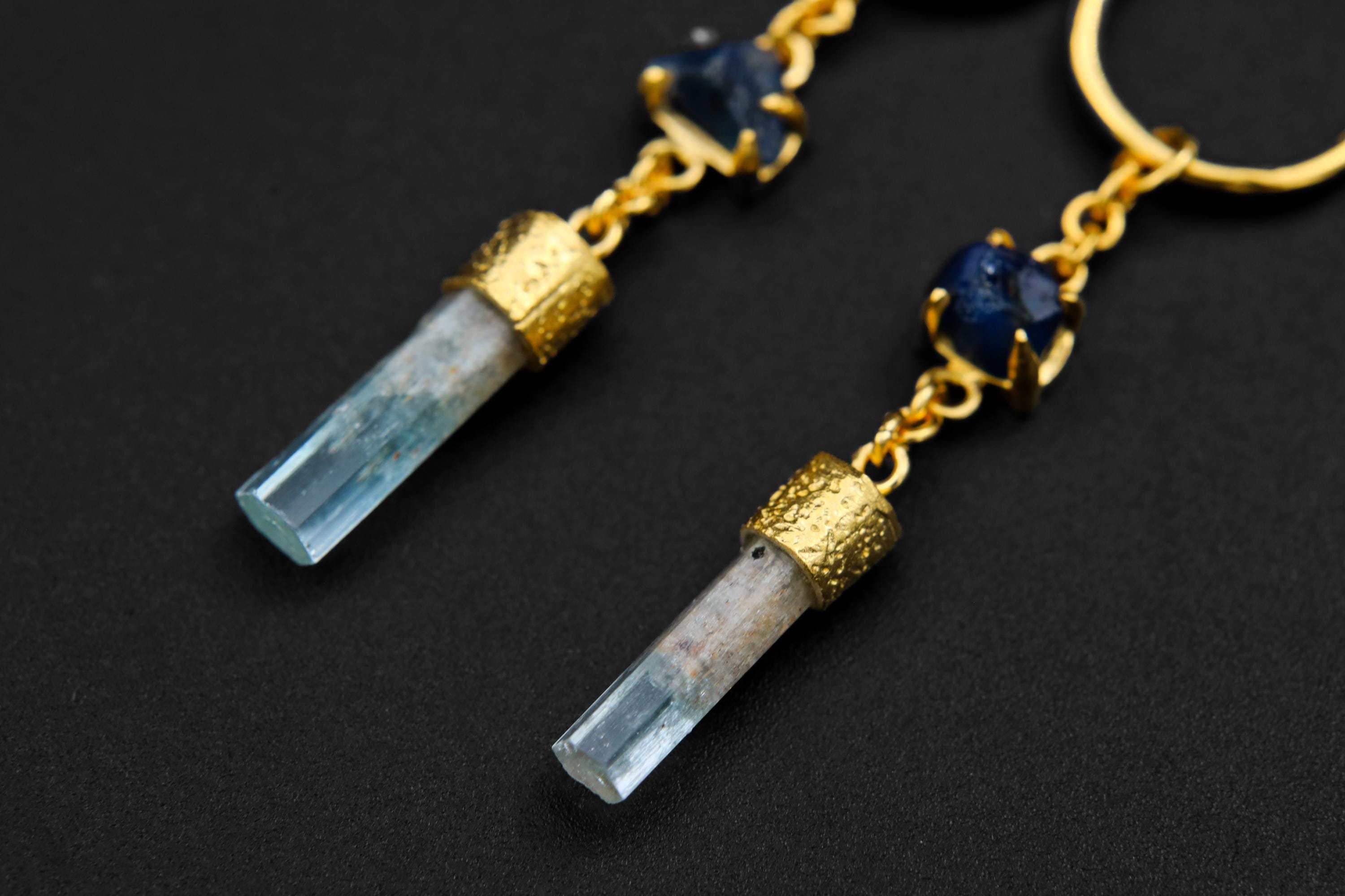 Hoop Earrings with Claw-Set Australian River Fossicked Sapphire & Aquamarine, Sterling Silver, Organic Texture, 18K Gold-Plated, Unique Gift