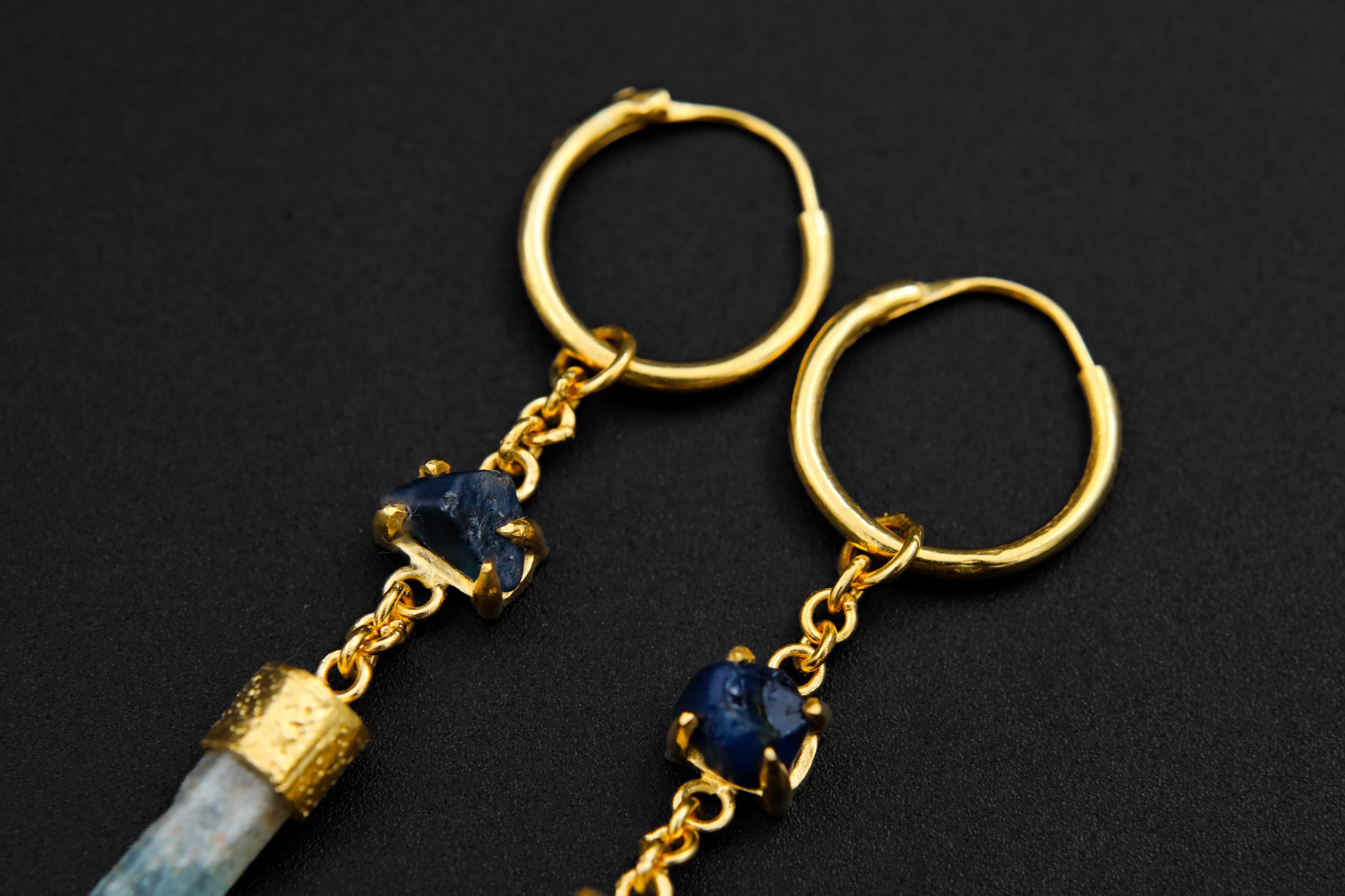 Hoop Earrings with Claw-Set Australian River Fossicked Sapphire & Aquamarine, Sterling Silver, Organic Texture, 18K Gold-Plated, Unique Gift