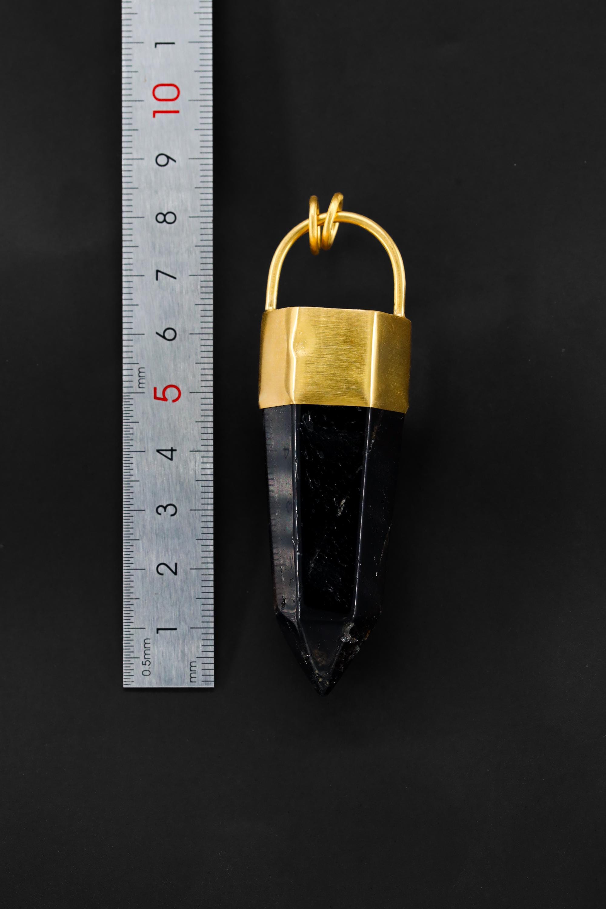 Large Smoky Quartz Point Pendant, High-Grade Dark Crystal with Thick Bronze Cap, 18K Gold-Plated, 8.5 cm Statement Piece, Unique Gift NO/09