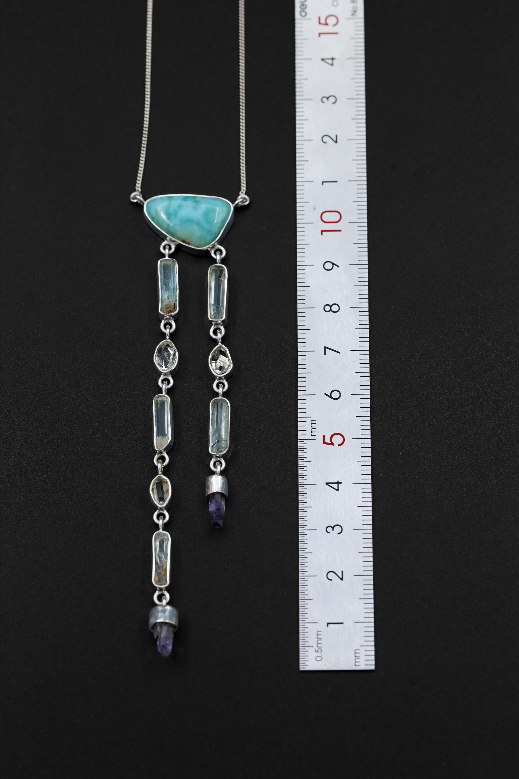 Atlantian Larimar Pendant: Aquamarine, Herkimer Diamond & Vera Cruz Quartz, Sterling Silver