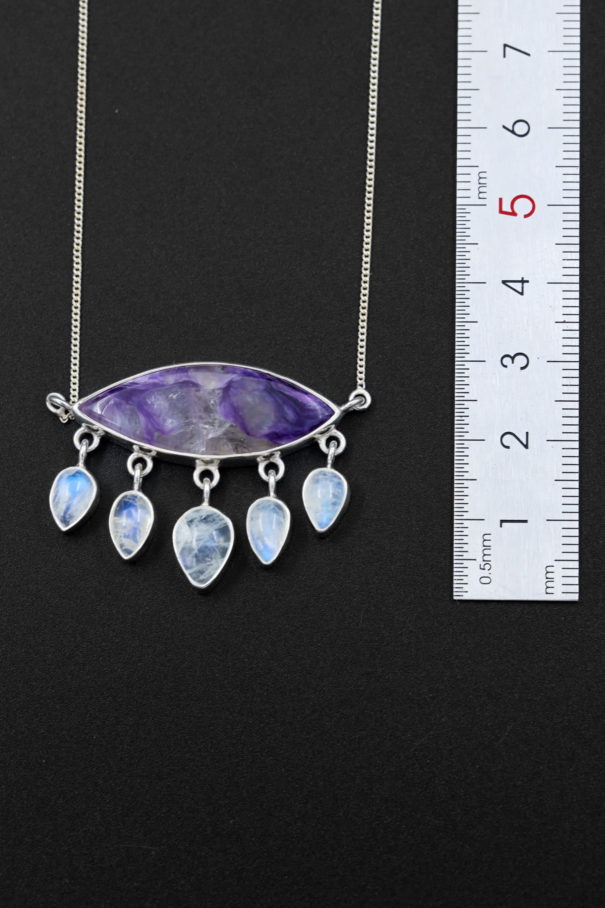 One-of-a-Kind Charoite & Moonstone Pendant, Crying Eye Design, High Shine Sterling Silver, Third Eye Chakra, Scorpio Zodiac, Unique Gift