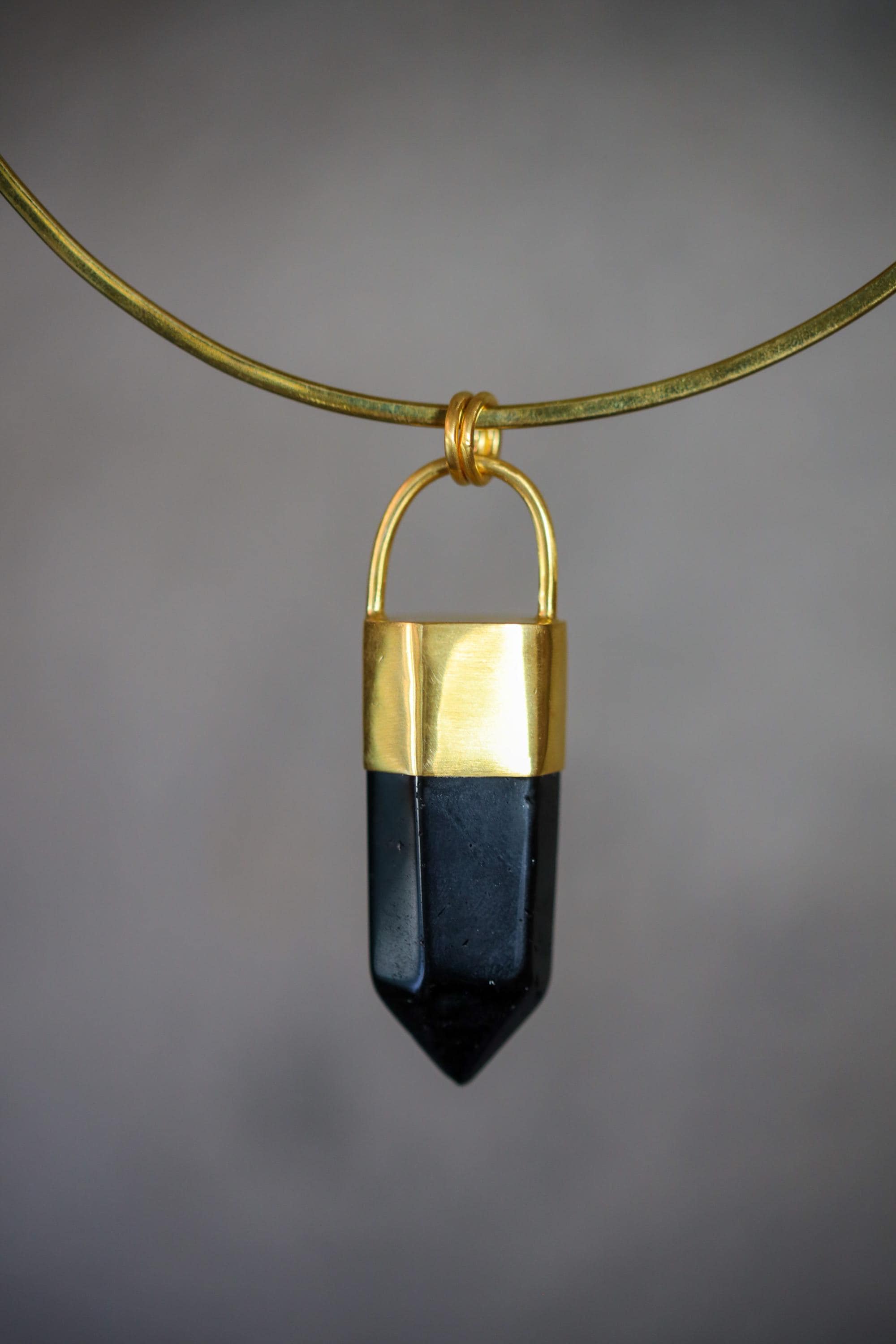 Smoky Quartz Point Pendant: 18K Gold Plated Bronze Cap, 7cm Crystal Statement Piece