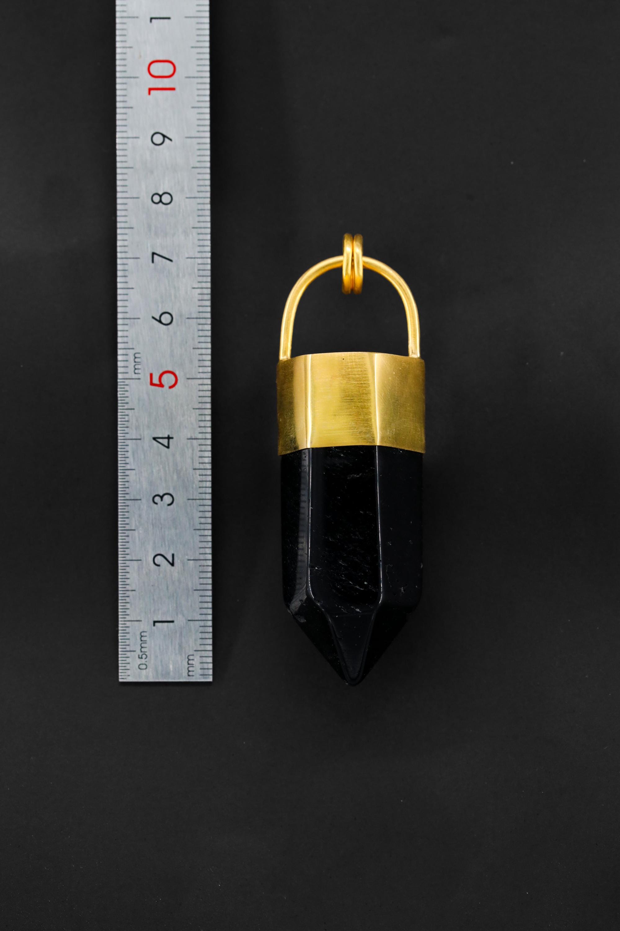 Large Smoky Quartz Point Pendant, High-Grade Dark Crystal with Thick Bronze Cap, 18K Gold-Plated, 7.5cm Statement Piece, Unique Gift NO/03