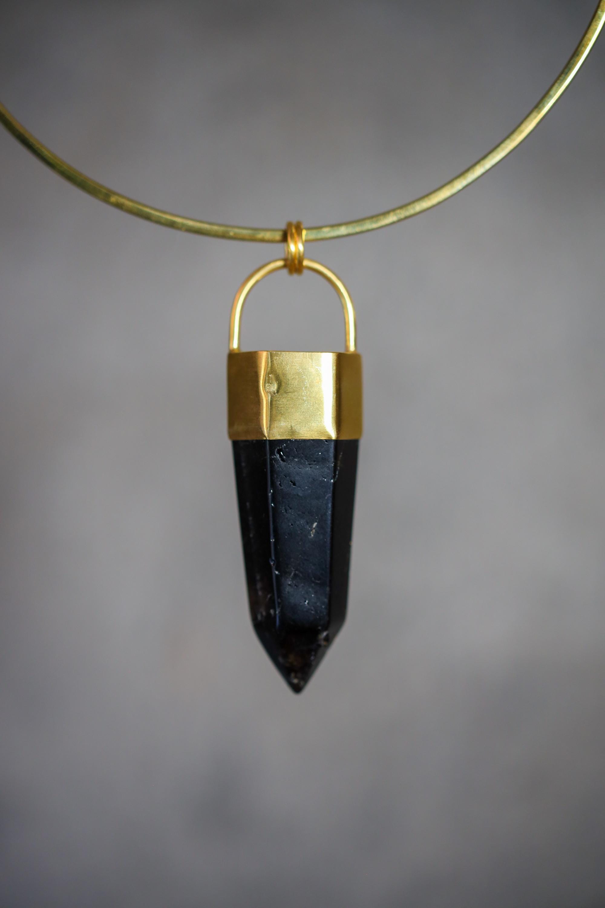 Large Smoky Quartz Point Pendant, High-Grade Dark Crystal with Thick Bronze Cap, 18K Gold-Plated, 8.5 cm Statement Piece, Unique Gift NO/09
