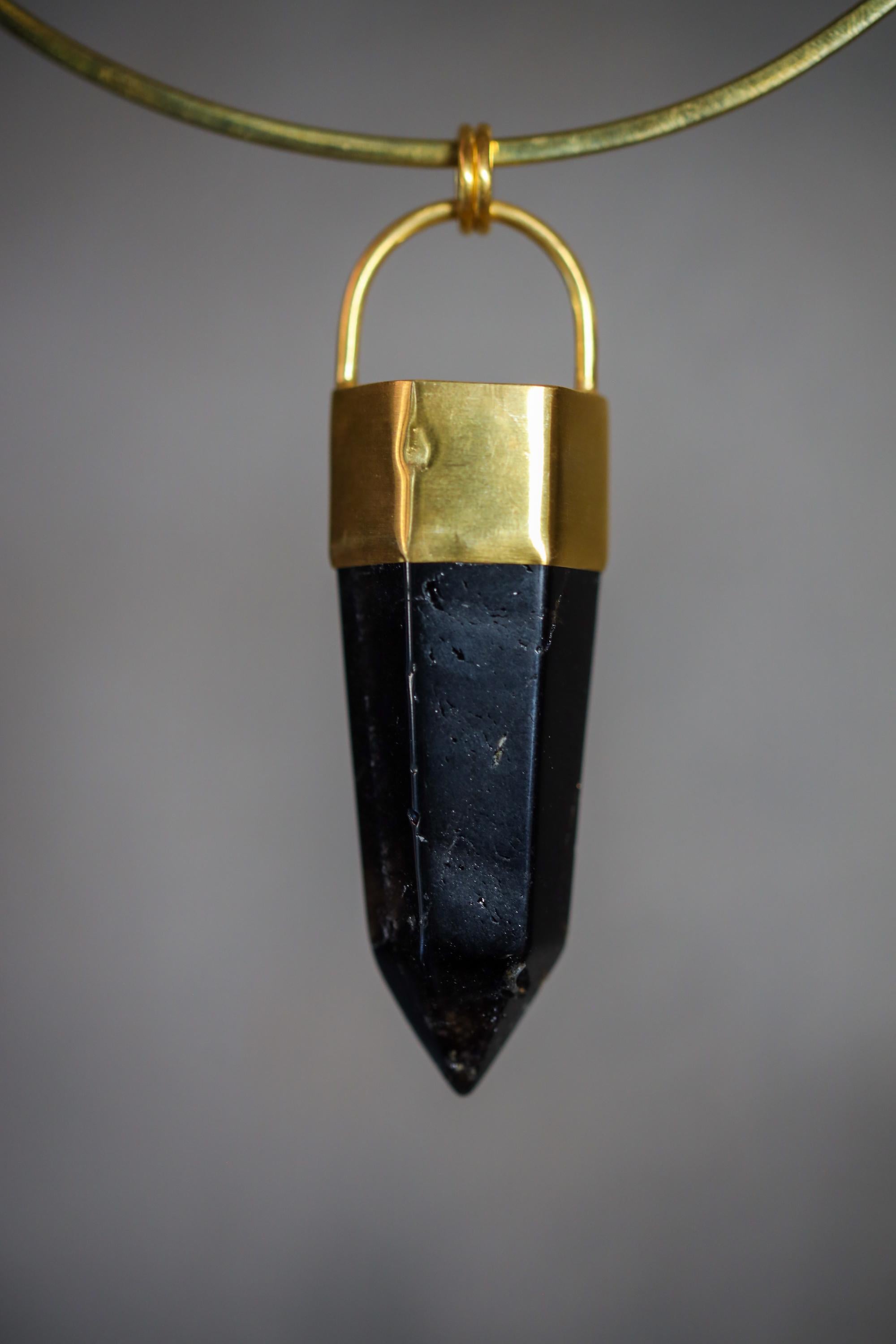 Large Smoky Quartz Point Pendant, High-Grade Dark Crystal with Thick Bronze Cap, 18K Gold-Plated, 8.5 cm Statement Piece, Unique Gift NO/09