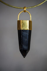 Large Smoky Quartz Point Pendant, High-Grade Dark Crystal with Thick Bronze Cap, 18K Gold-Plated, 8.5 cm Statement Piece, Unique Gift NO/09