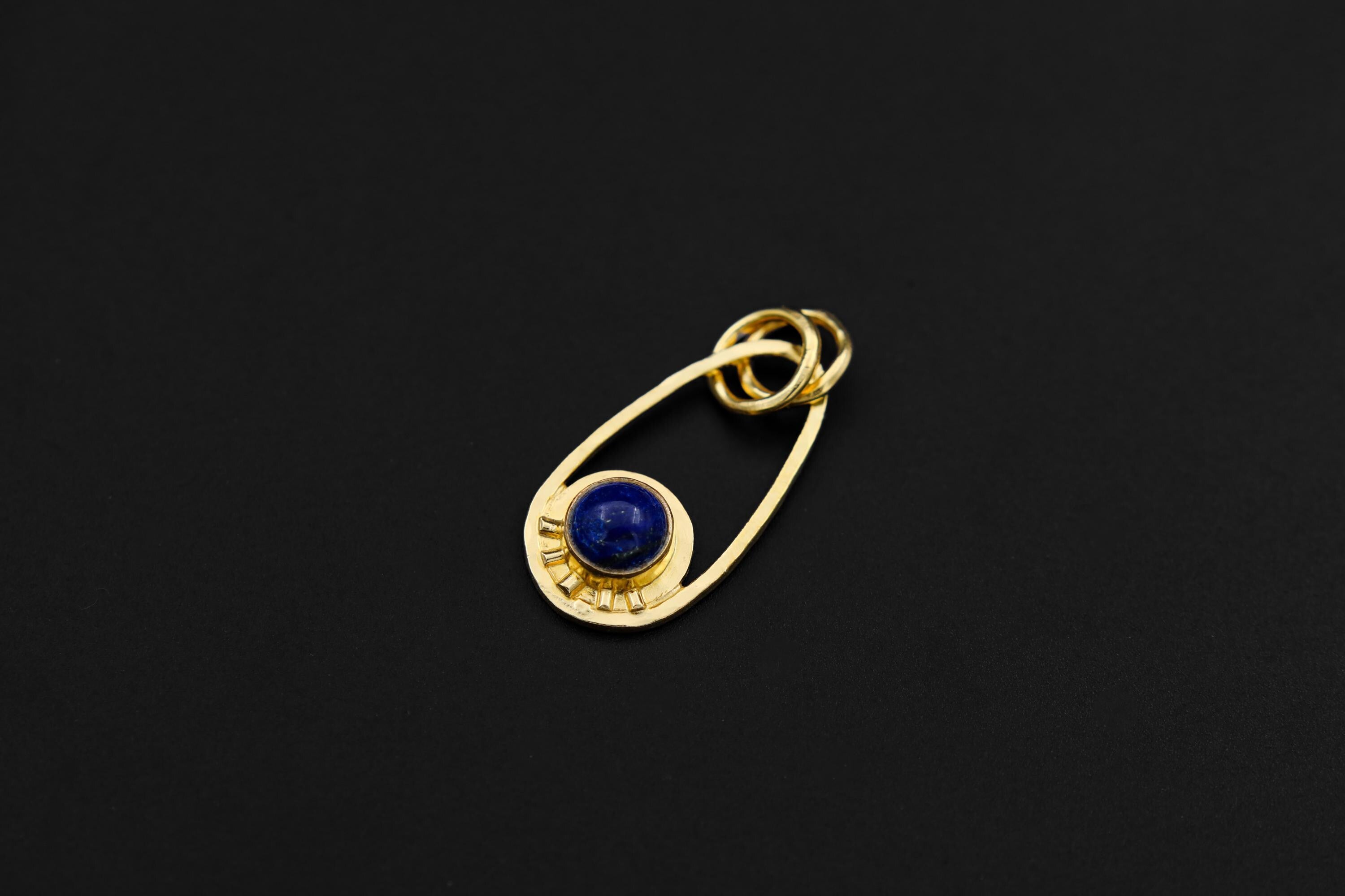 Round Lapis Lazuli Cab Pendant, Textured Sterling Silver, Sun & Moon Design, Throat Chakra, Sagittarius Zodiac, Unique Gift, 18K Gold Plated