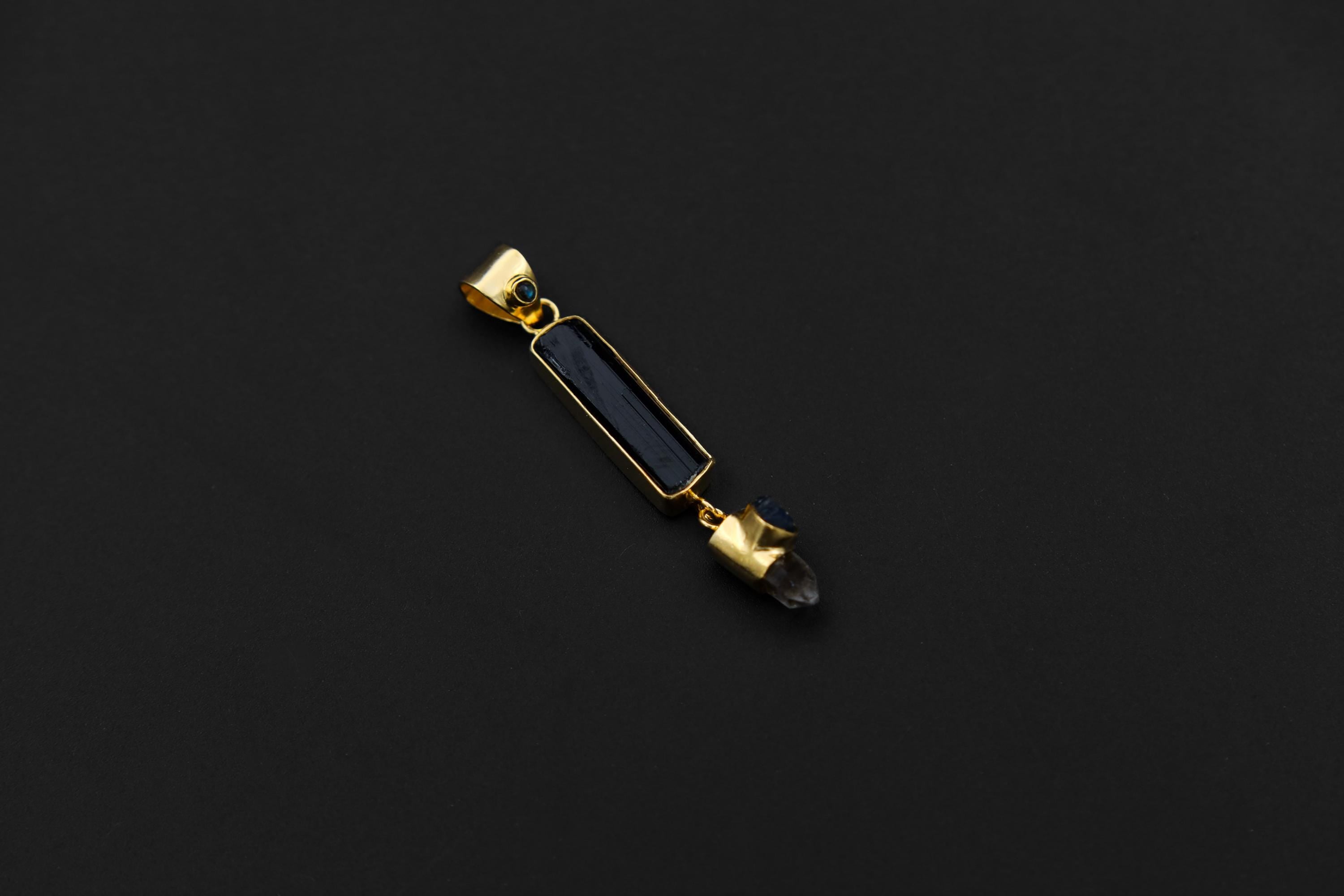 Blue Moonstone, Raw Tourmaline, Light Smoky Quartz & Blue Sapphire Pendant, Sterling Silver, 18k Gold Plated, Libra Zodiac Emotional Balance