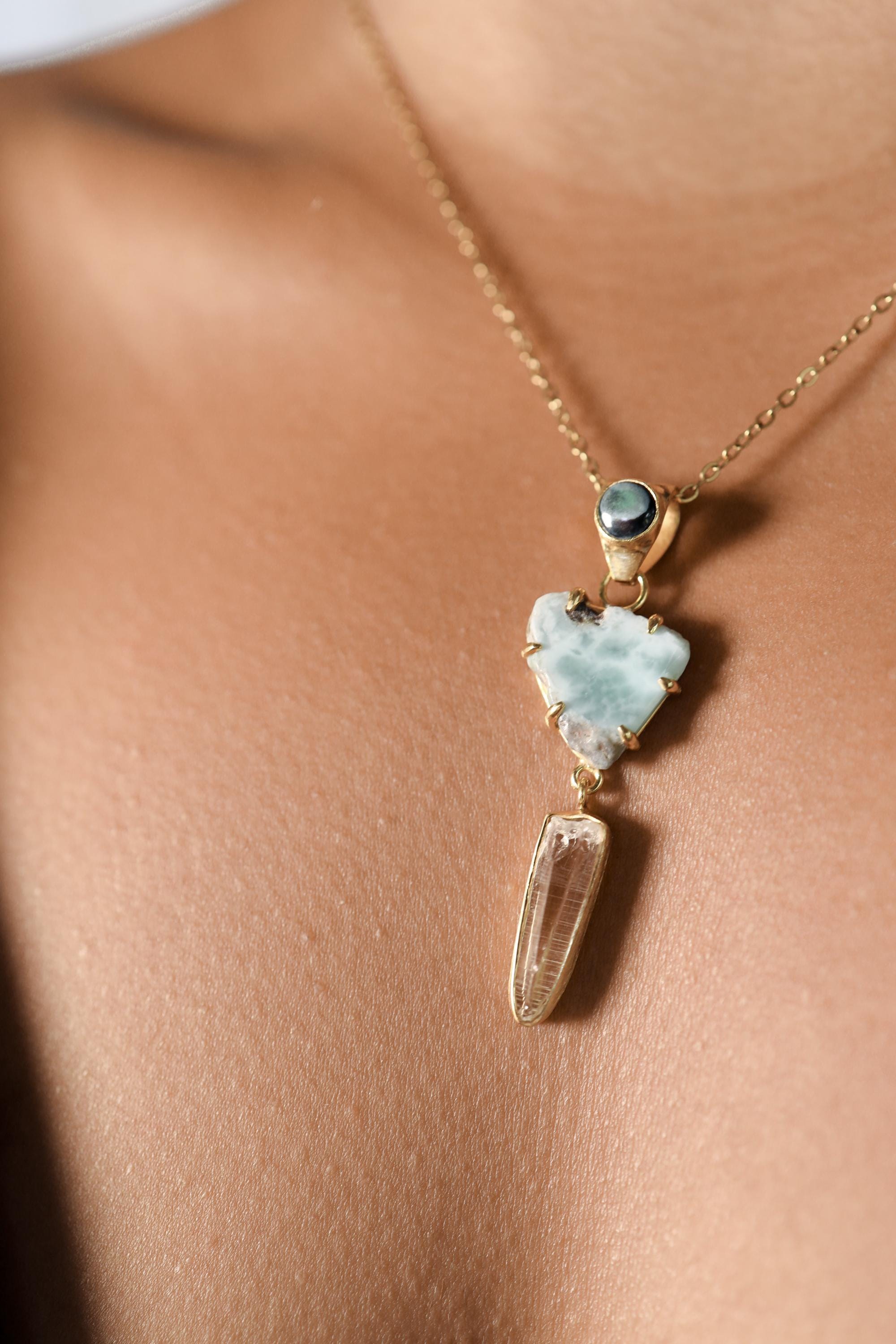Larimar Slice Pendant with Lemurian Vera Cruz Amethyst, brushed 18K Gold-Plated Sterling Silver, Throat Chakra Charm, Unique Gift