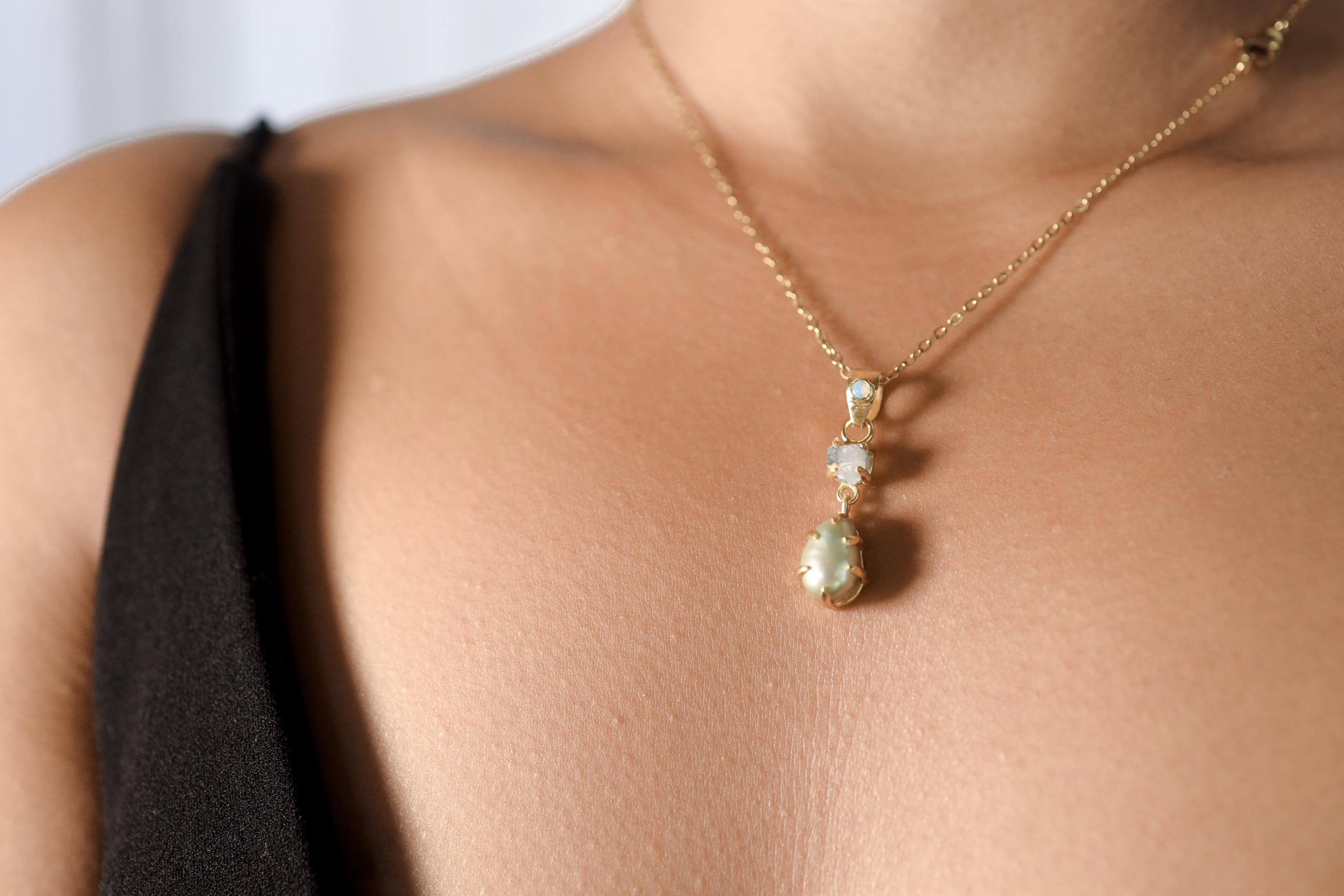 Small Solid Lightning Ridge Opal Pendant with Aqua Aura Quartz & Green Pearl, 18K Gold-Plated Sterling Silver, Pisces Zodiac, Unique Gift