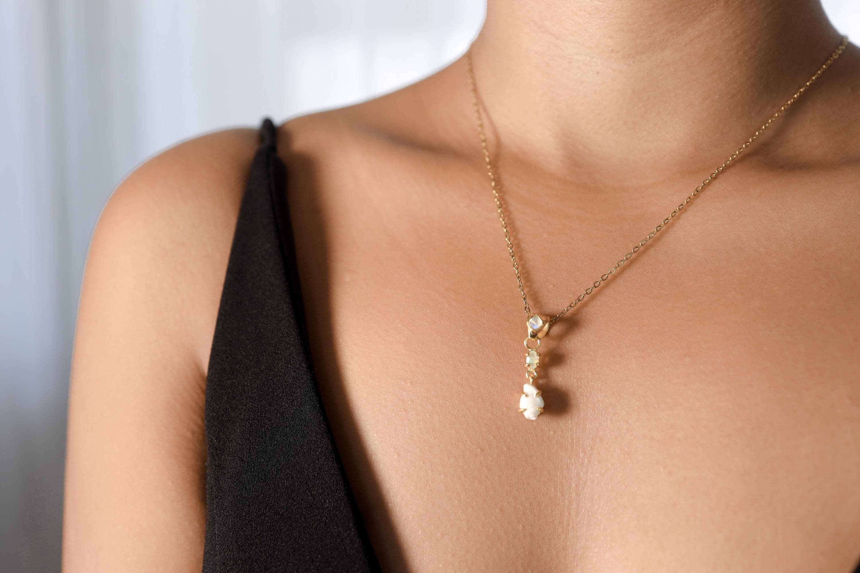 Crowned Square Blue Moonstone Pendant with Rainbow Ethiopian Opal & Semi-Fossilized Shell, 18K Gold-Plated Sterling Silver, Unique Gift