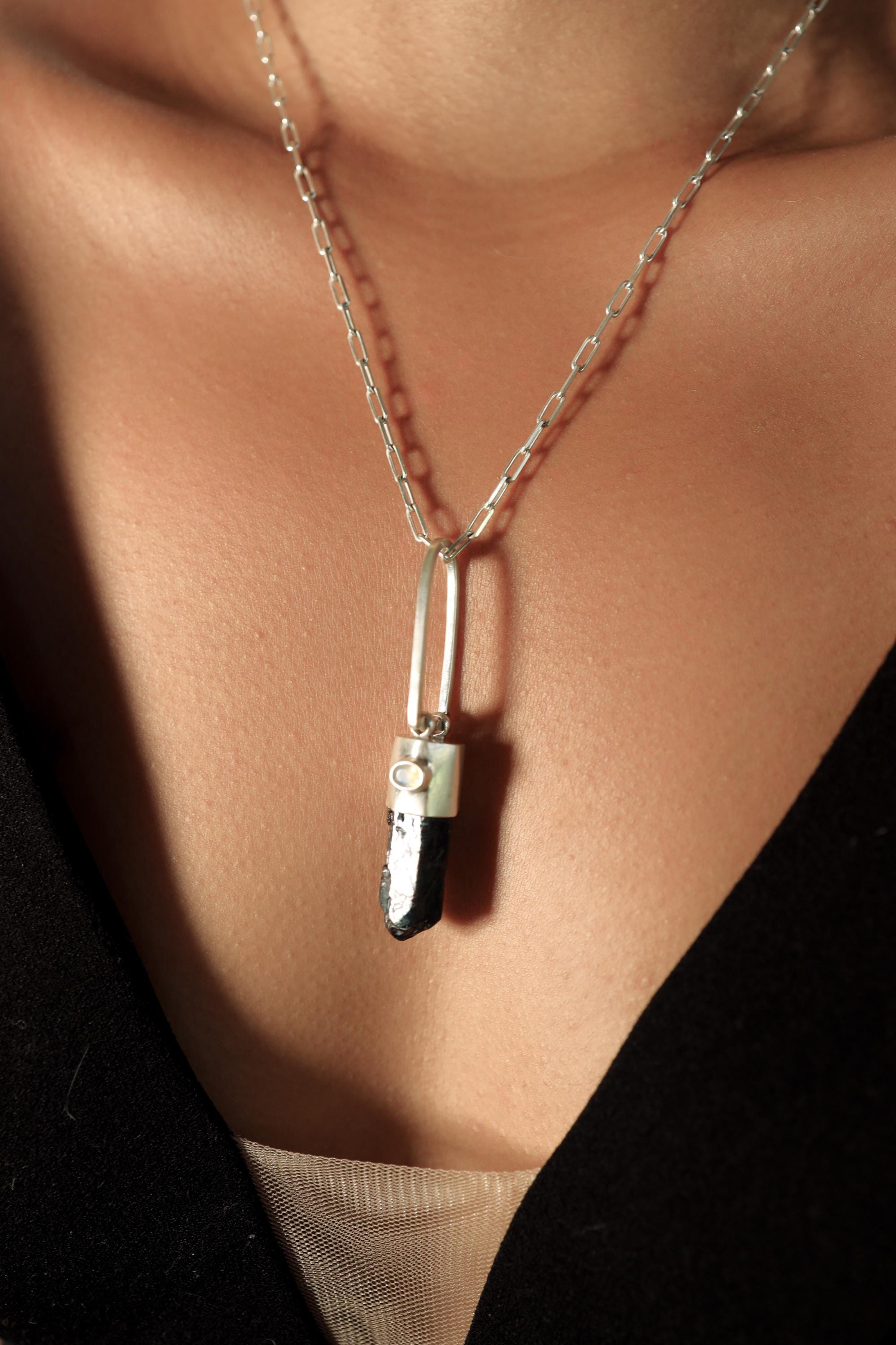 Terminated Blue Apatite Generator Point Pendant with Small Faceted Ethiopian Opal Oval Gem, Sterling Silver, Third Eye Chakra,Unique Gift