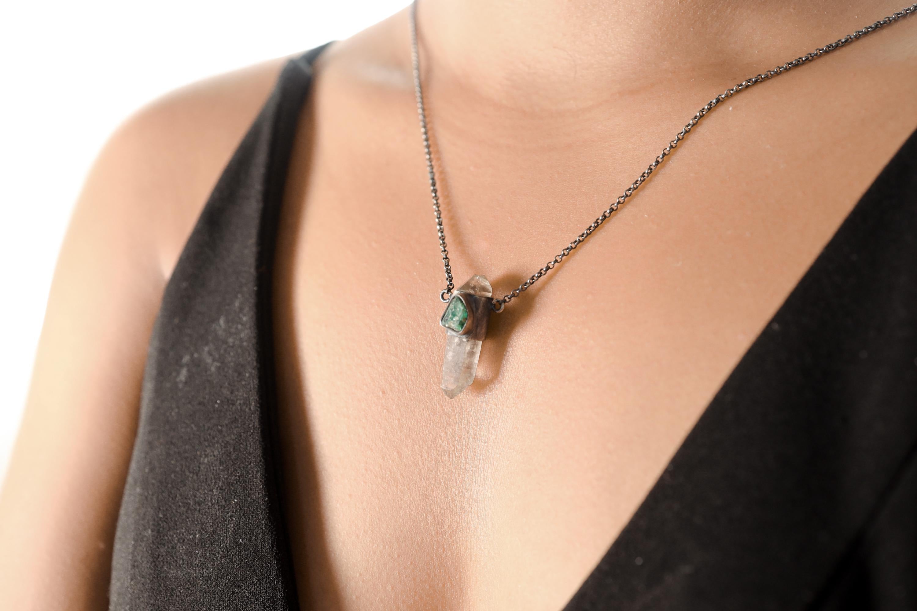 Oxidized Sterling Silver Necklace: Raw Emerald & Vera Cruz Amethyst Pendant