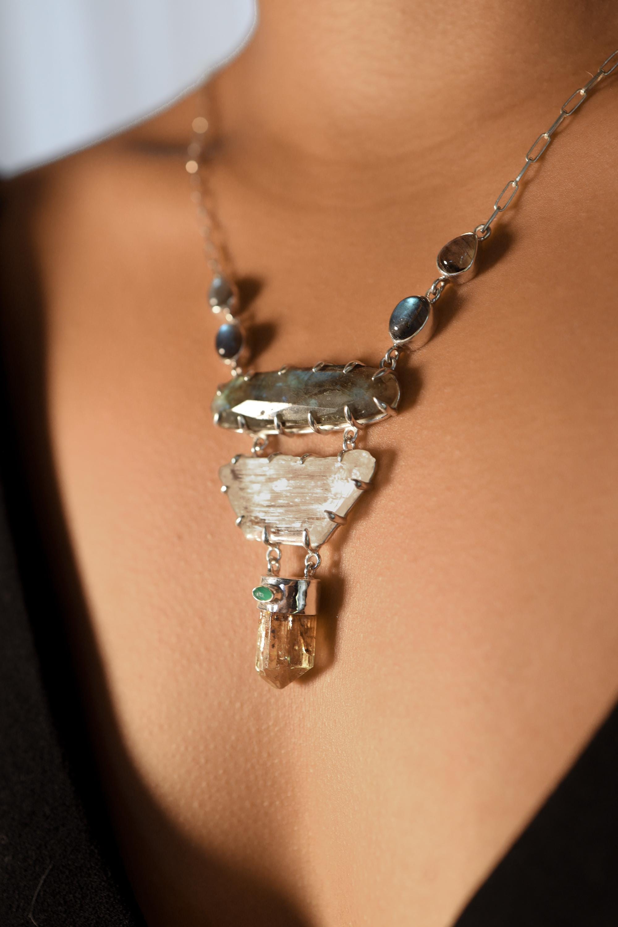 Labradorite Pendant: Sterling Silver, Apatite, Emerald & Kunzite - Chakra Healing Boho Necklace