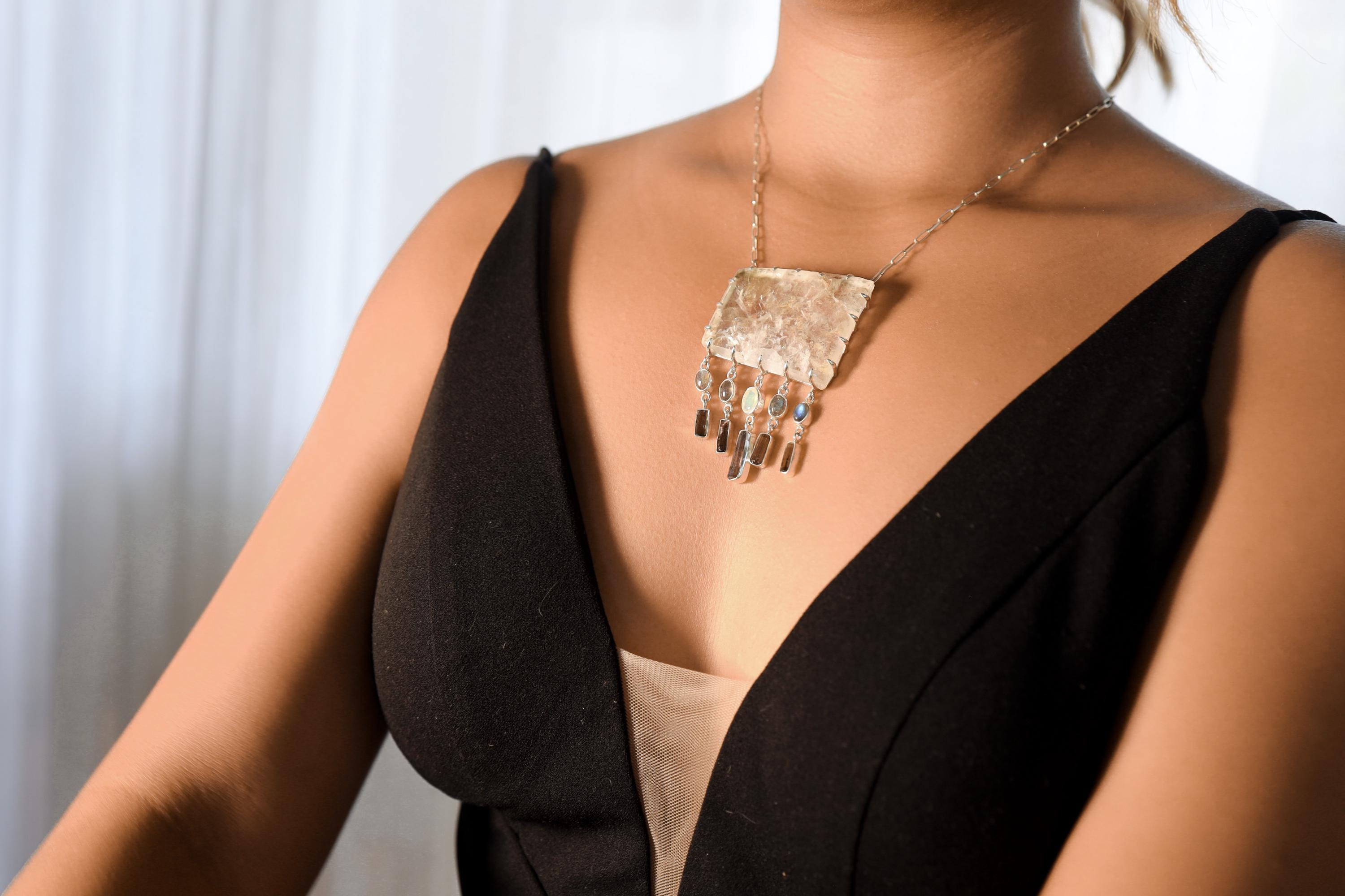 Multicrystal Inclusion Quartz, Tourmaline Pendant Necklace with Labradorite, Ethiopian Opal Sterling Silver Manifestation & Joy Heart Chakra