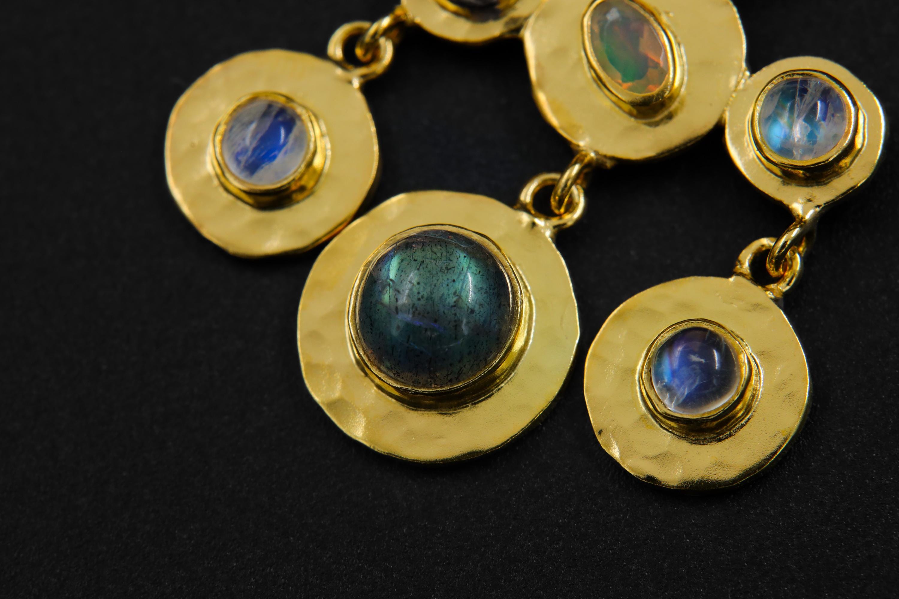 Five Blue Moonstones, Faceted Ethiopian Opal & Labradorite Pendant, 18K Gold-Plated Sterling Silver, Hammer Textured, Unique Gift