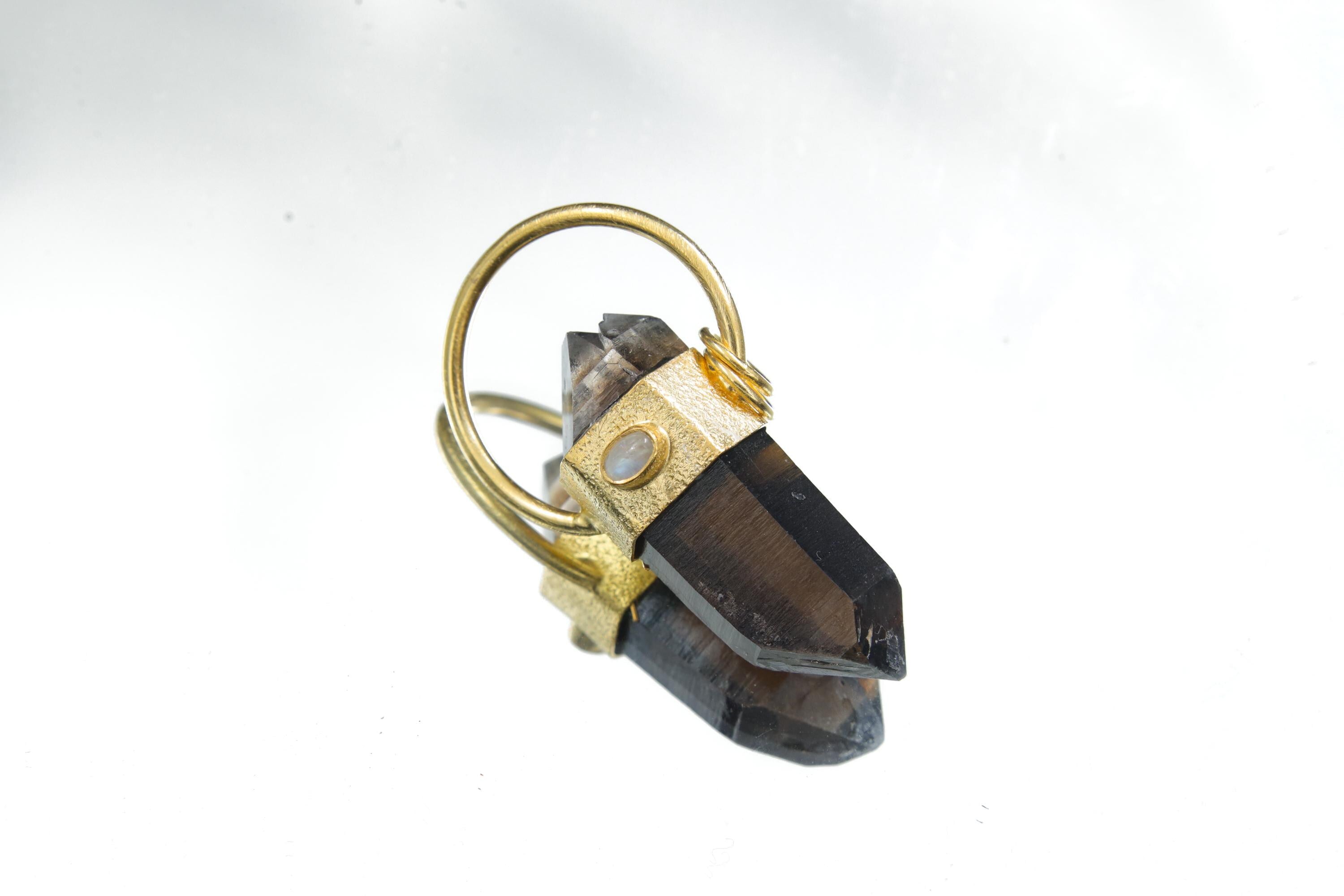 Double Terminated Smoky Cathedral Quartz & Moonstone Sterling Silver Textured Pendant, Glen Innes Quartz 18K Gold-Plated Scorpio Unique Gift