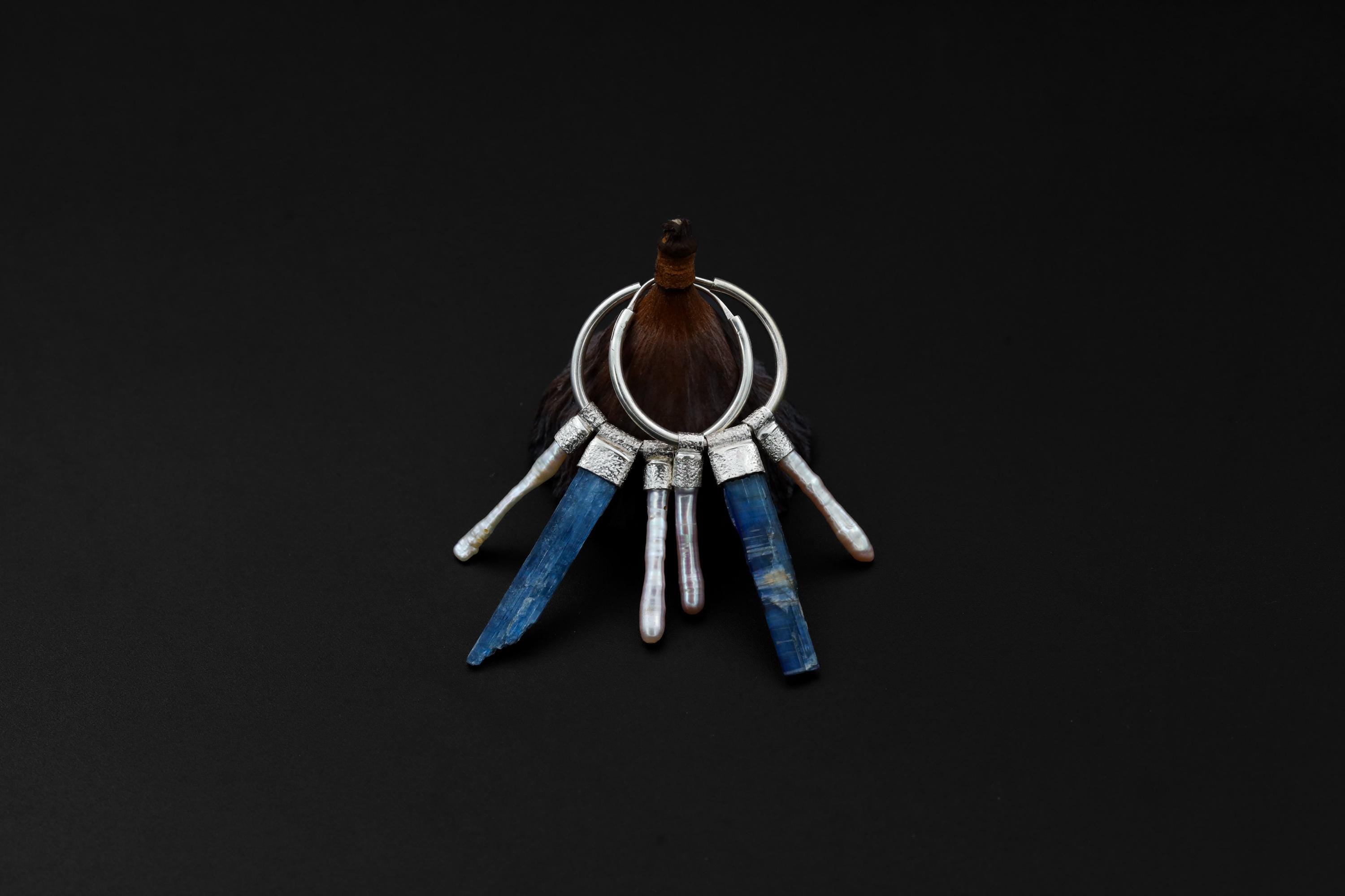 Raw Blue Kyanite & Pearl Stack Earrings, Sterling Silver Big Hoops, Throat and Crown Chakra, Unique Gift, Multifunctional Jewelry