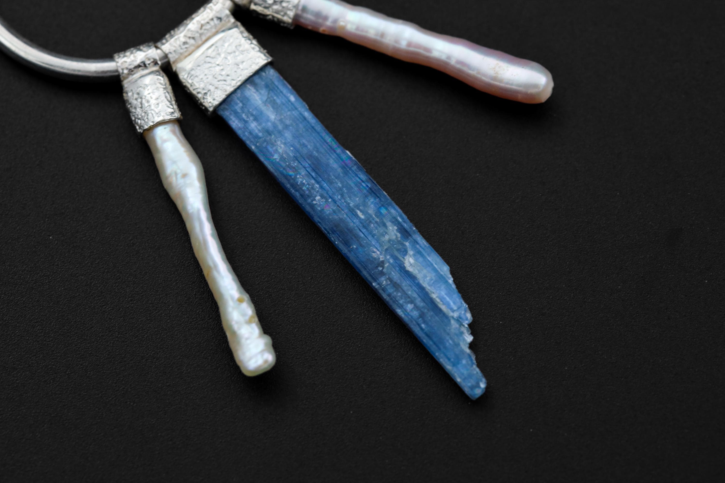 Blue Kyanite & Pearl Sterling Silver Hoop Earrings: Chakra Jewelry