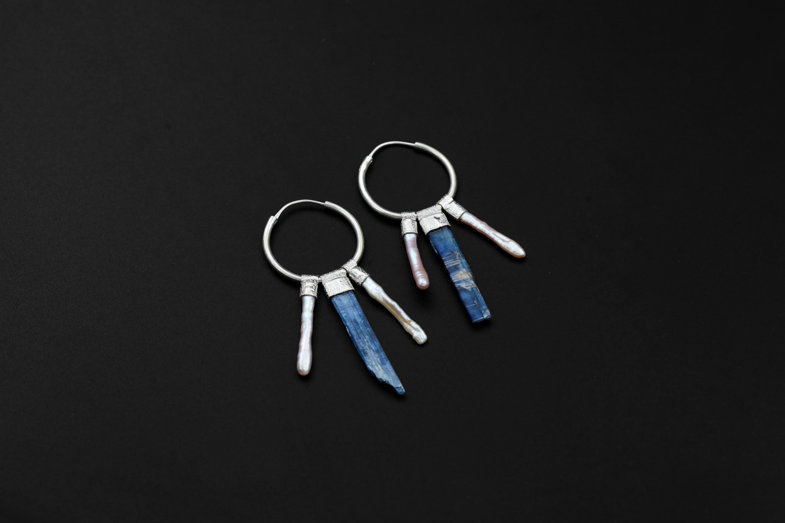 Raw Blue Kyanite & Pearl Stack Earrings, Sterling Silver Big Hoops, Throat and Crown Chakra, Unique Gift, Multifunctional Jewelry