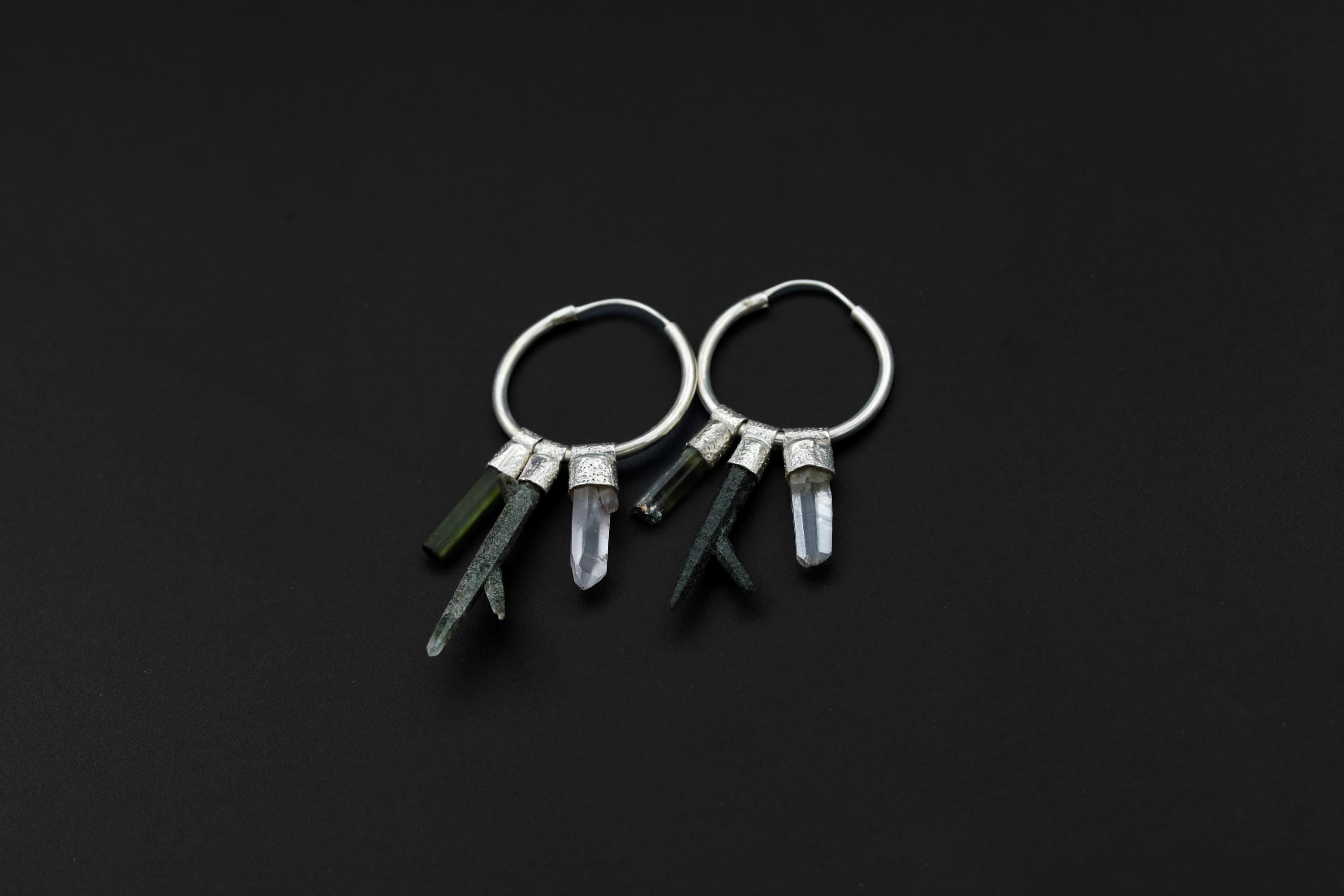 Chlorite Quartz & Tourmaline Sterling Silver Hoop Earrings: Versatile Crystal Pendant