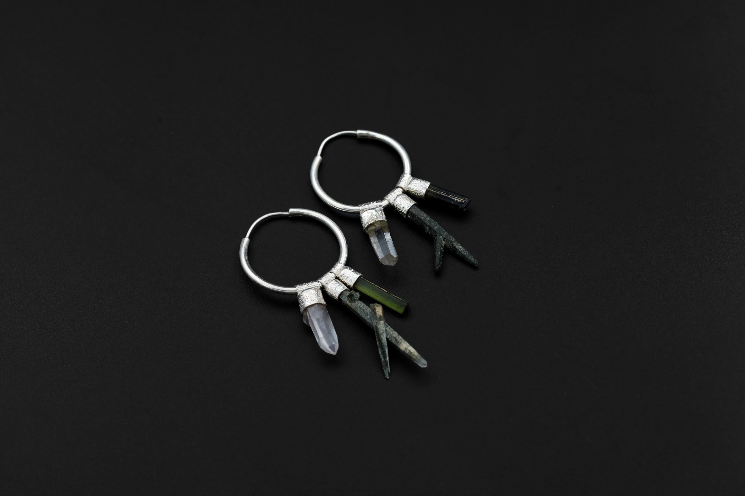 Himalayan Chlorite Quartz Green Tourmaline Clear Quartz Hoop Earrings 925 Silver Heart Crown Gift