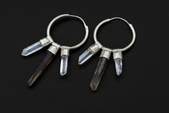 Clear Quartz & Smoky Quartz Stack Earrings, Sterling Silver Big Hoops, Crown and Root Chakra, Multi-Functional Jewelry, Unique Gift