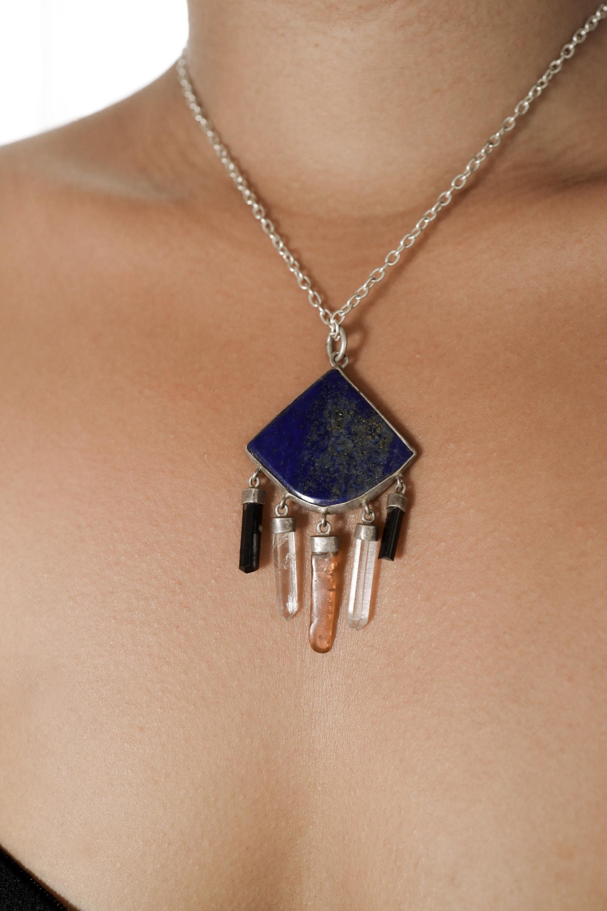 Geometry Shape Pendant with Lapis Lazuli, Black Tourmaline, Clear Quartz & Red Kyanite, Sterling Silver