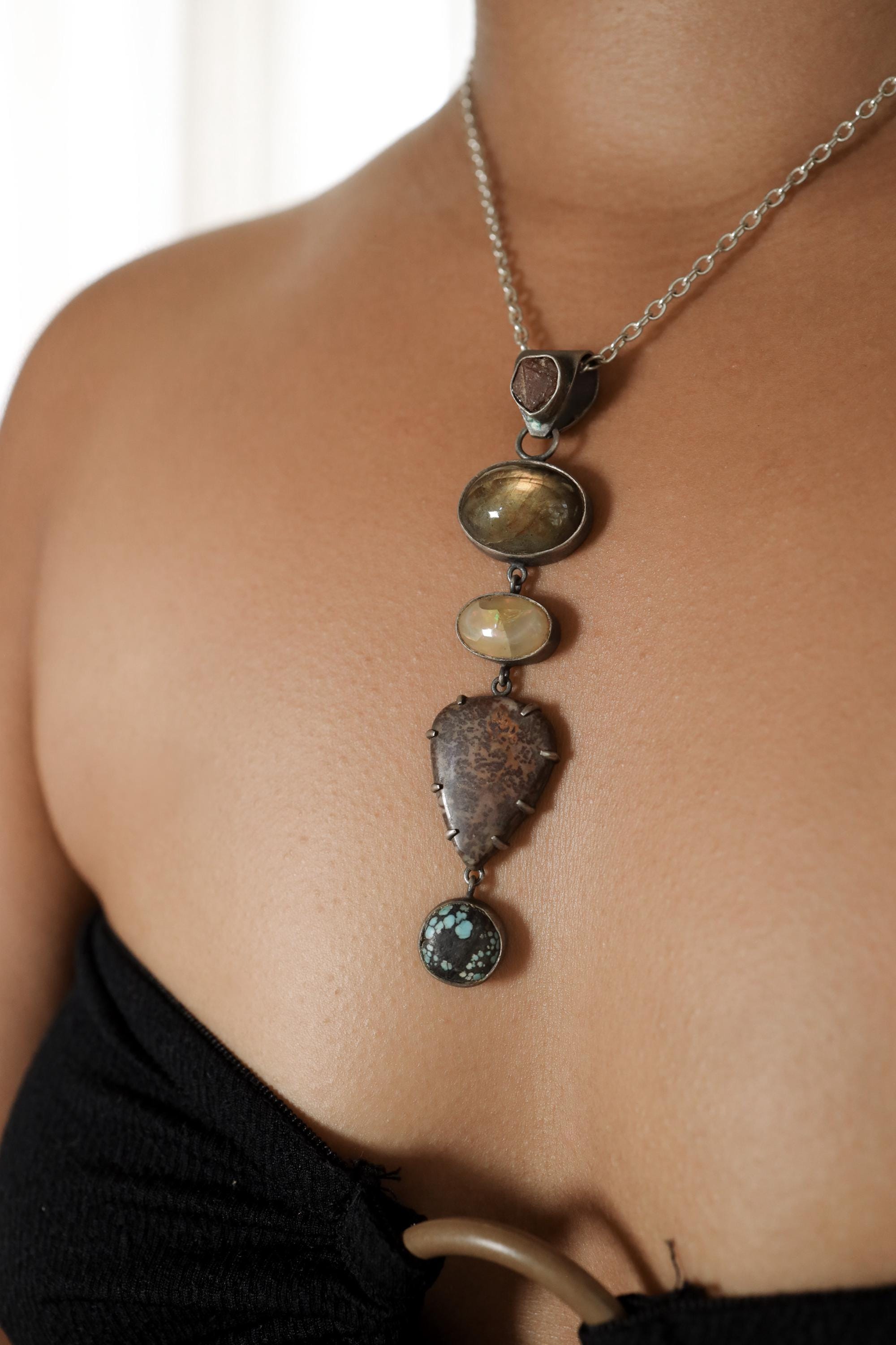 Record Keeper Ruby, Labradorite, Ethiopian Opal, Jasper, Himalayan Turquoise - Sterling Silver Pendant - Textured & Oxidized