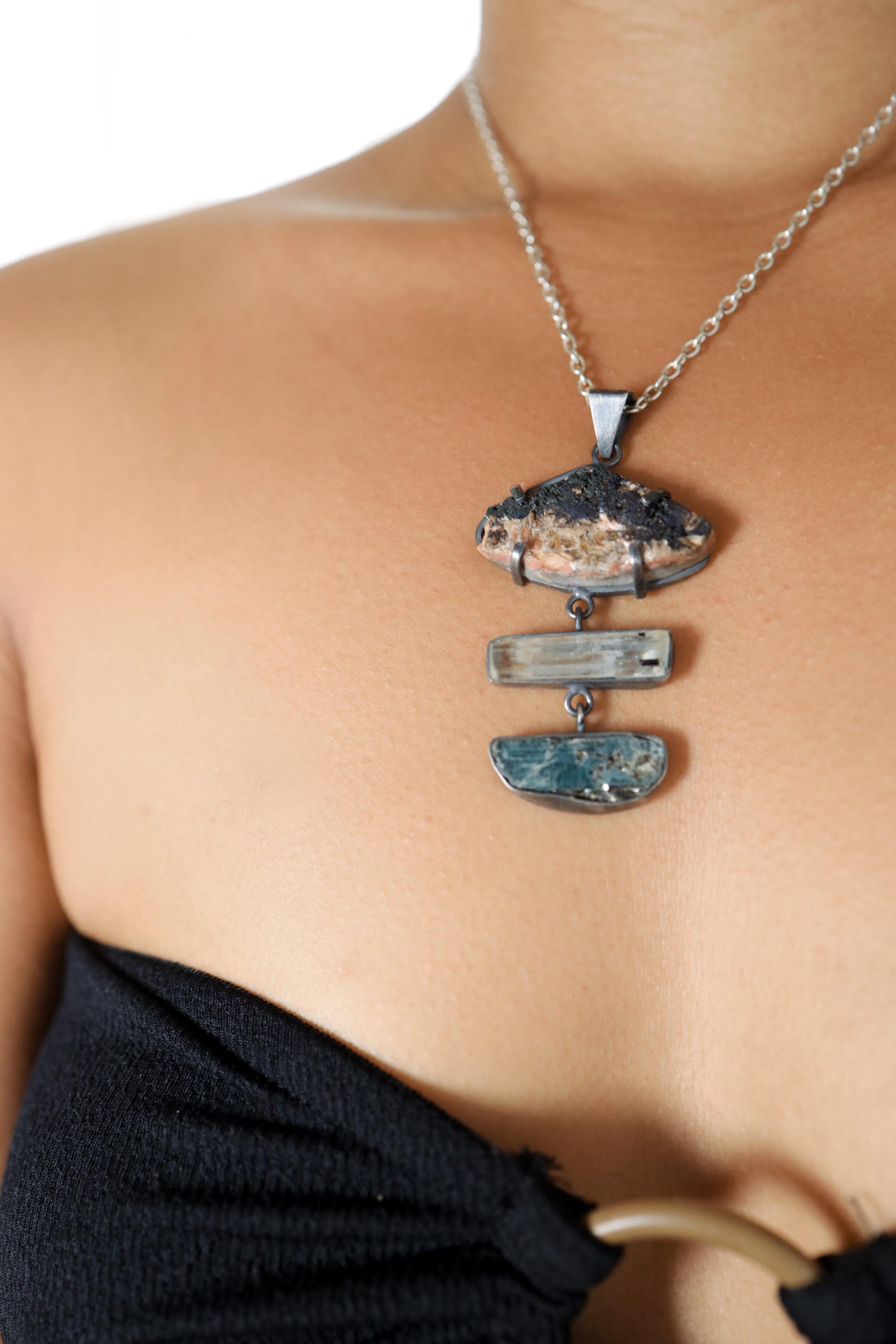 Australian Raw Azurite, Natural Gem Aquamarine & Ocea Kyanite - Sterling Silver Oxidized Finish Pendant